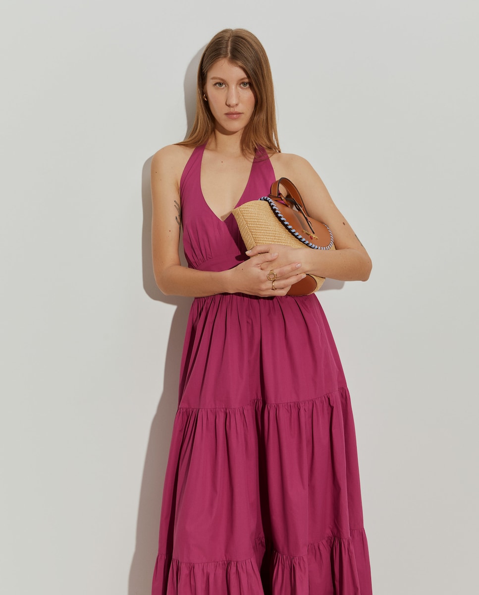 Vestido Comprido de Algodão com Folhos Rosa-4