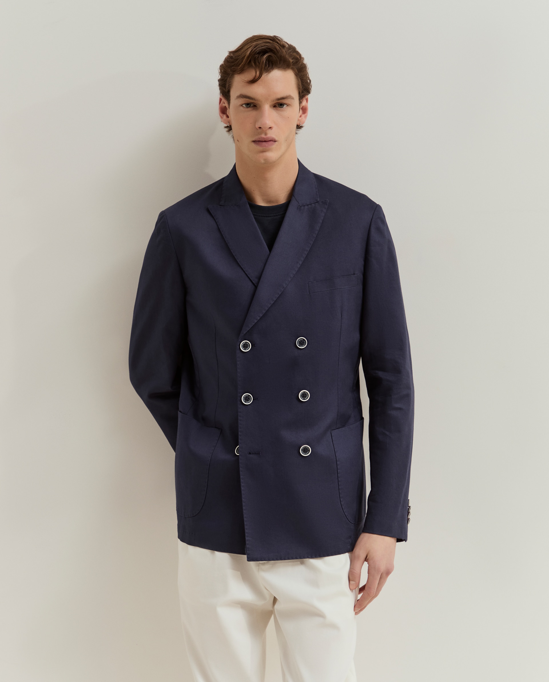 Blazer de trespasse mistura algodão e linho Azul-marinho-2