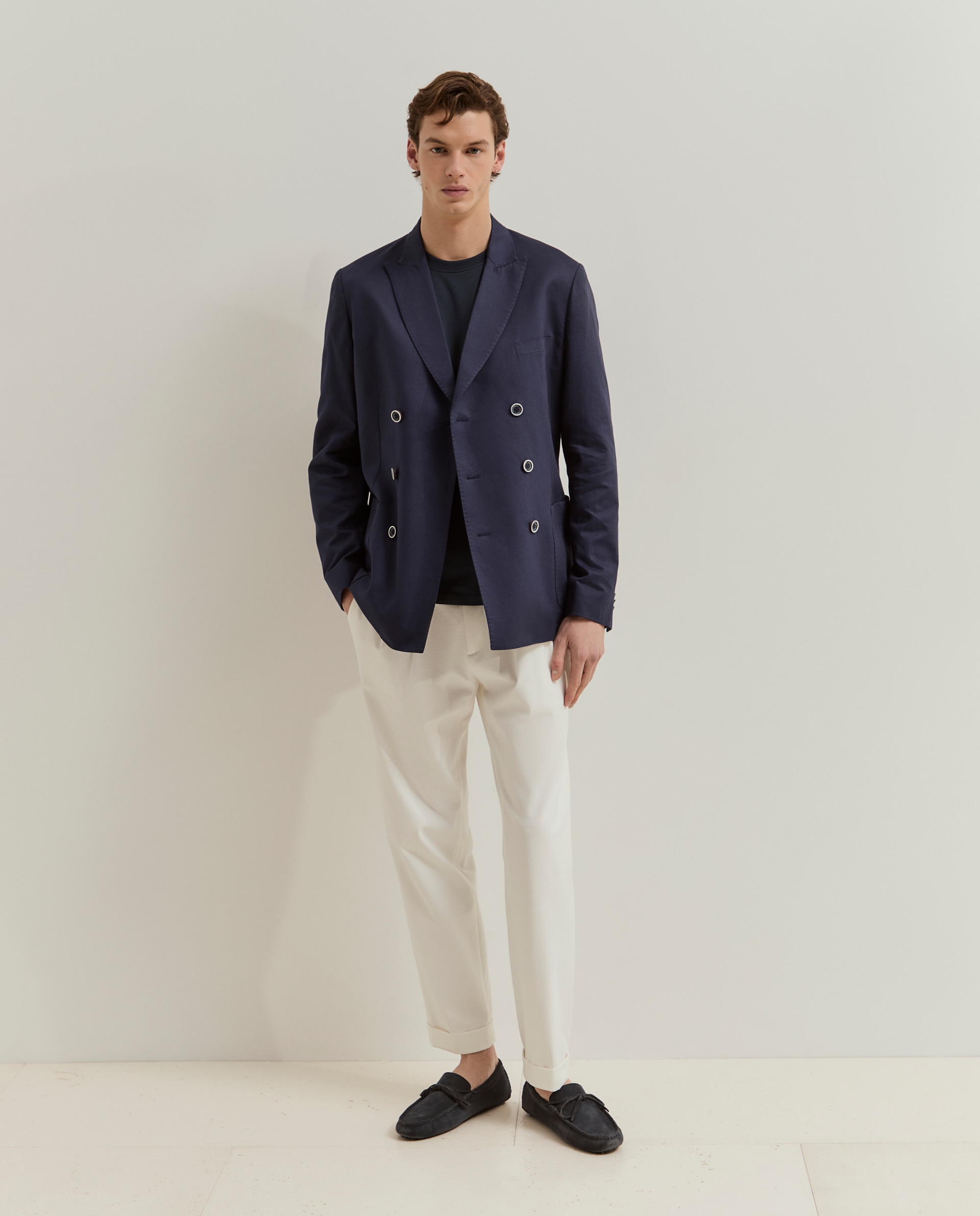 Blazer de trespasse mistura algodão e linho Azul-marinho-4