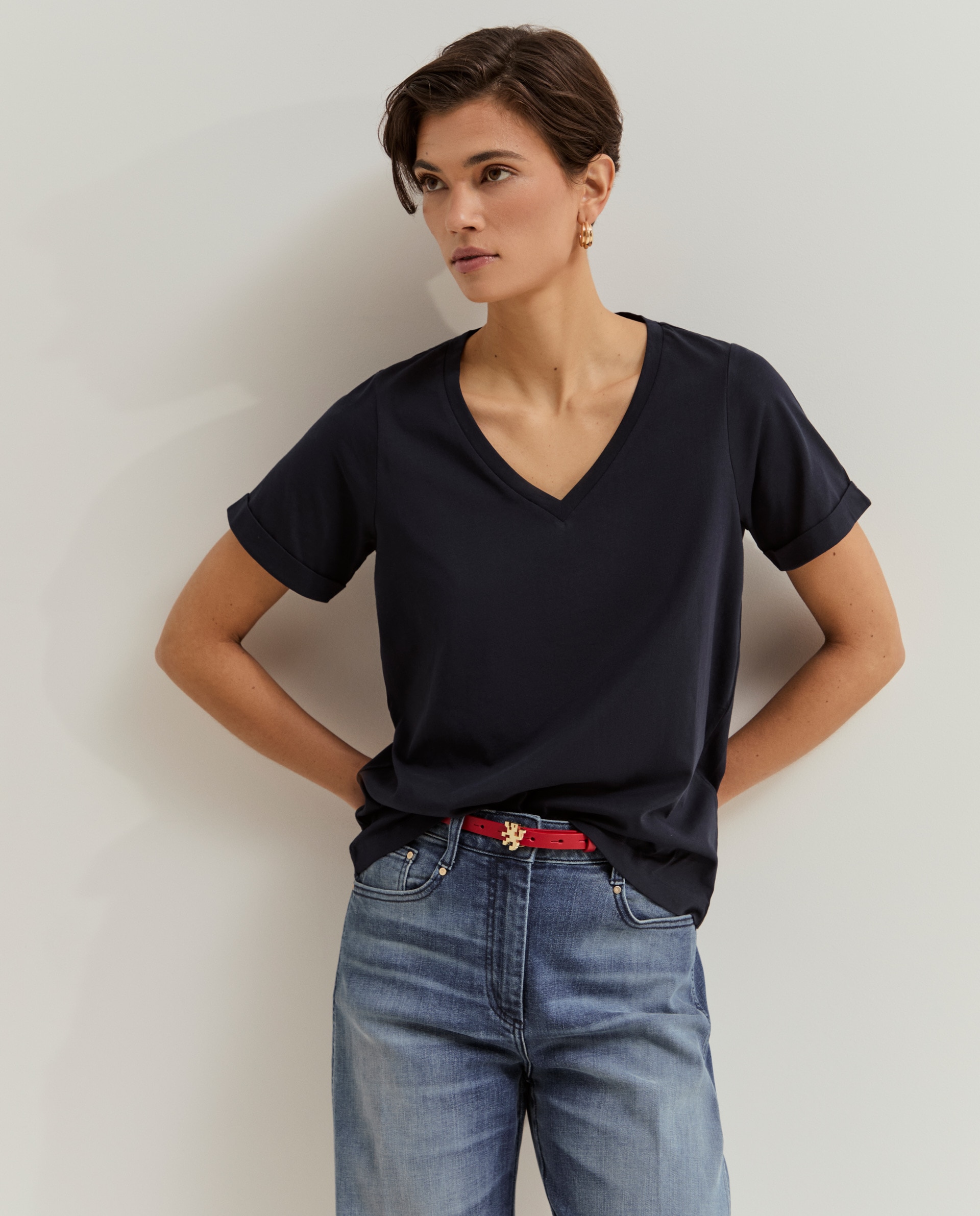 T-shirt de Algodão com Gola em V Azul-marinho-2