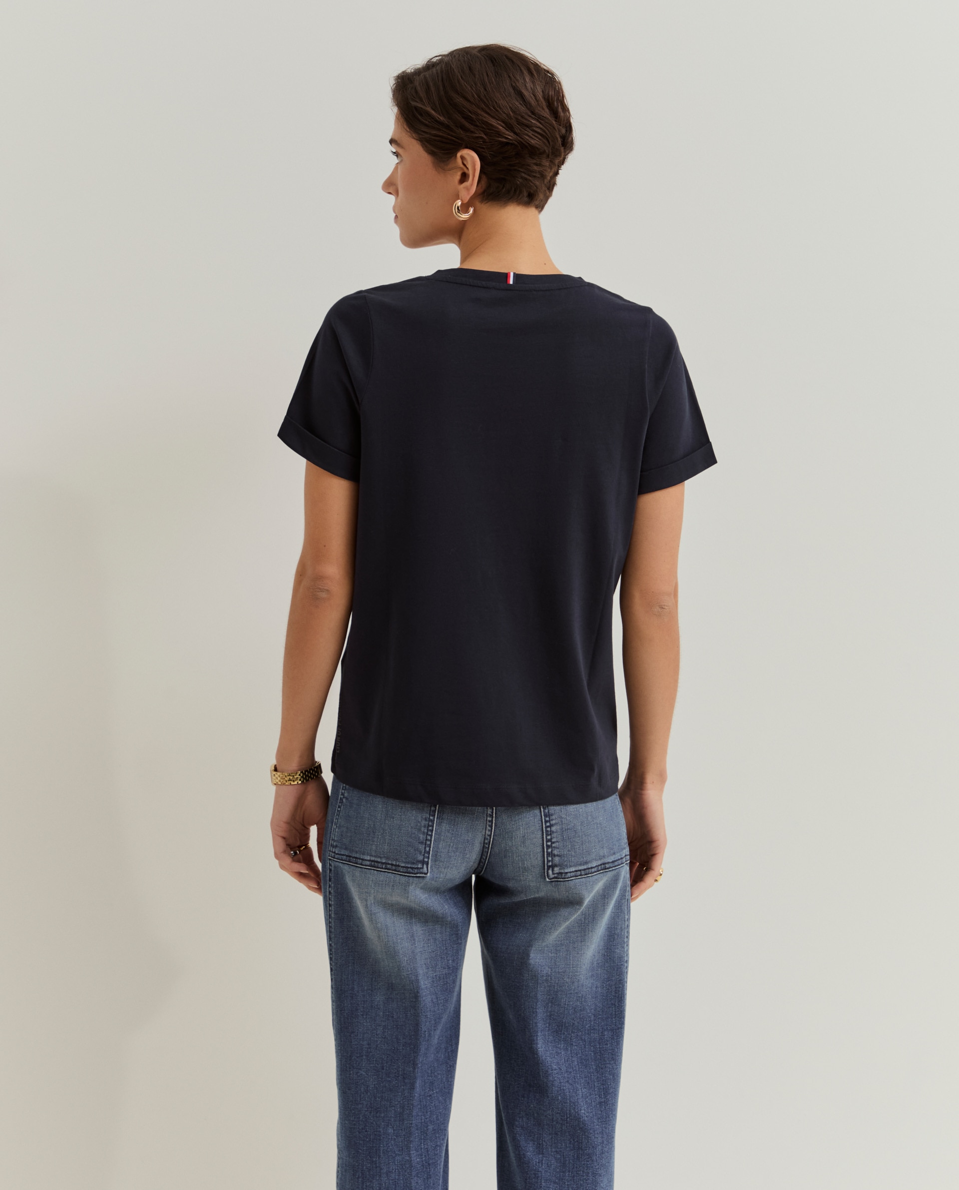 T-shirt de Algodão com Gola em V Azul-marinho-3