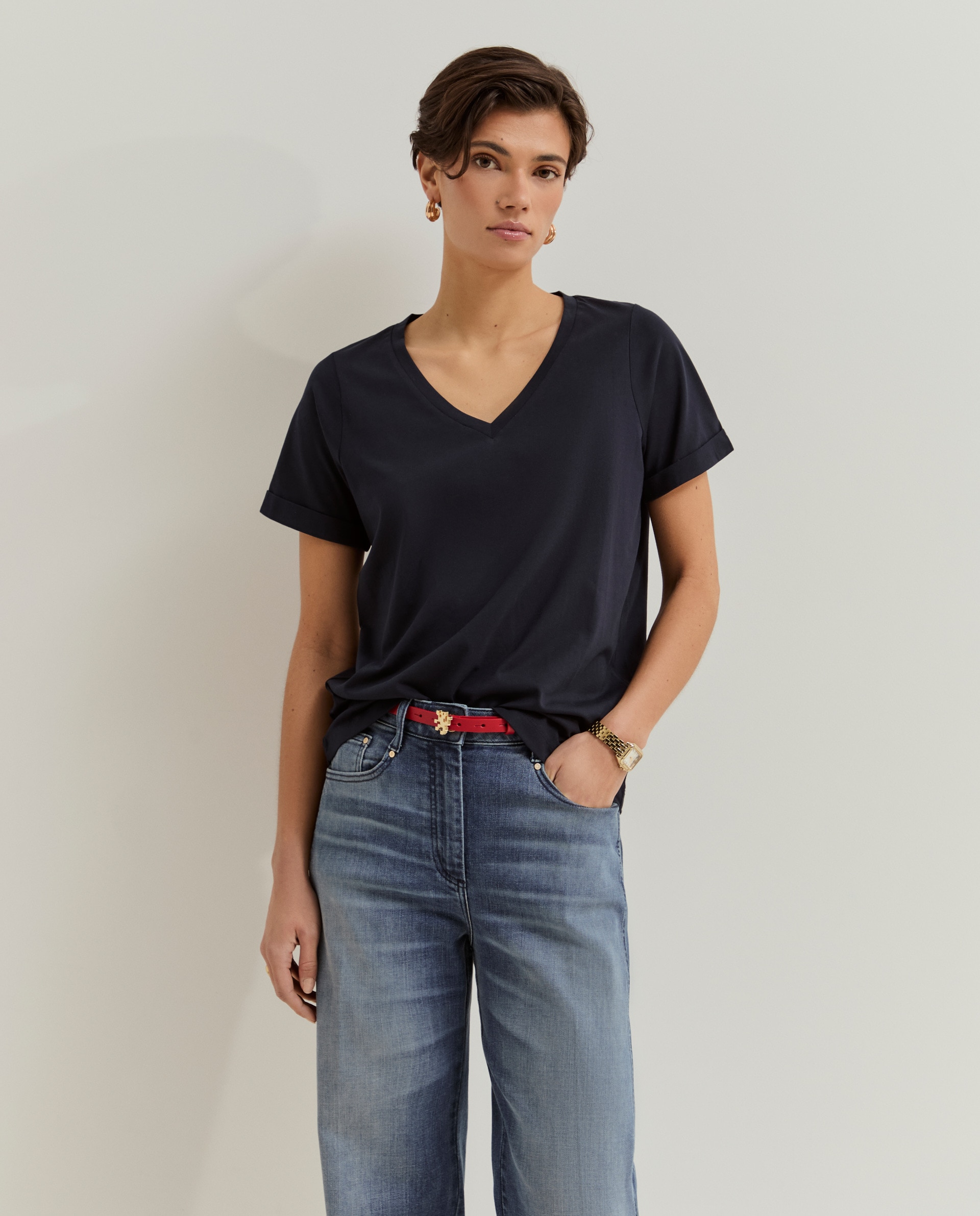 T-shirt de Algodão com Gola em V Azul-marinho-4