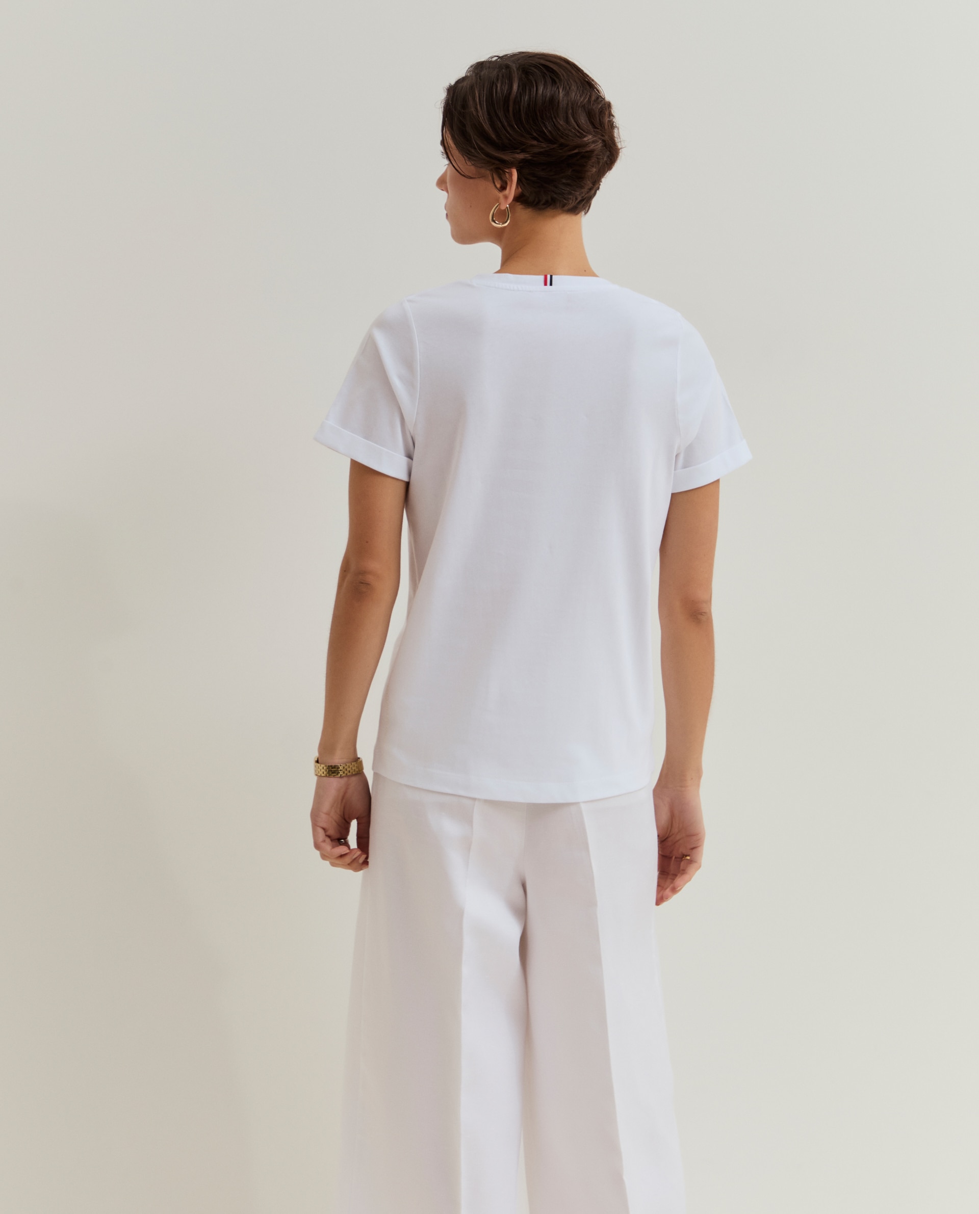 T-shirt de Algodão com Gola em V Branco-3