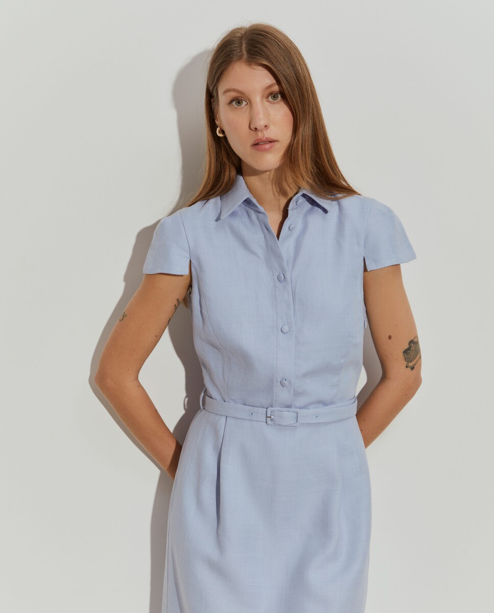 Vestido Curto com Gola Tipo Camisa e Cinto Azul-claro-2