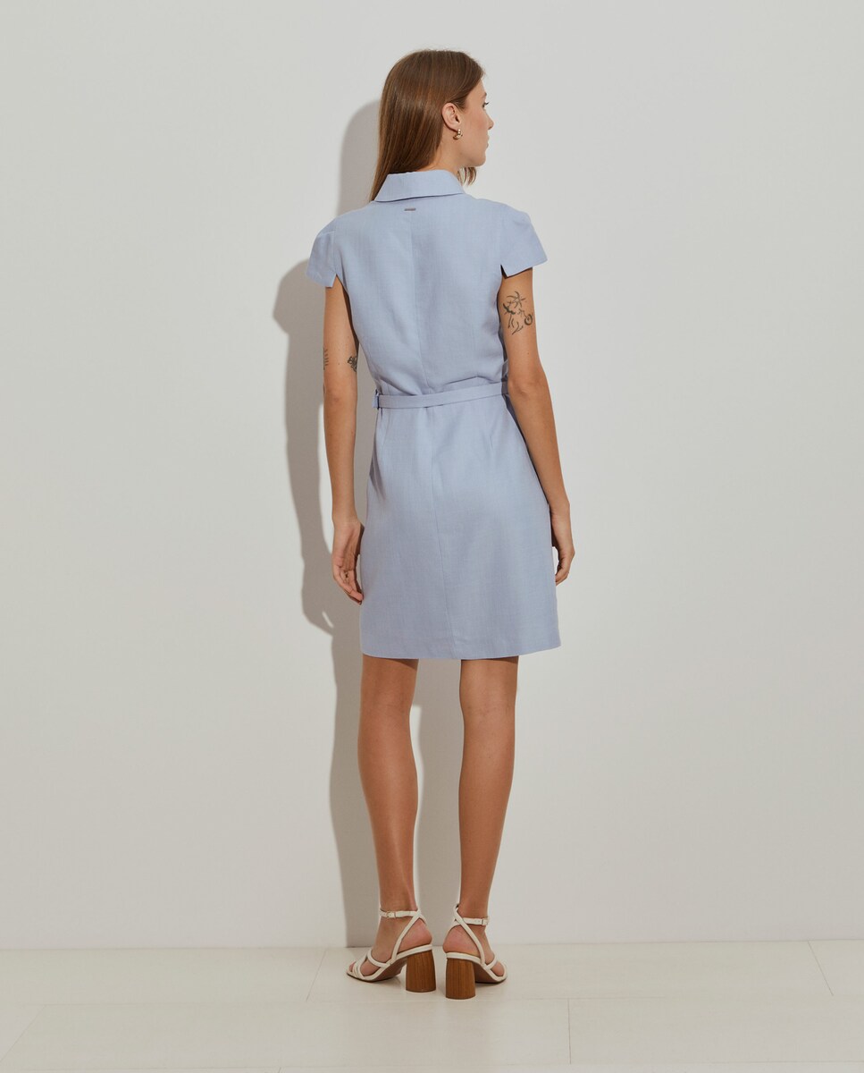 Vestido Curto com Gola Tipo Camisa e Cinto Azul-claro-3