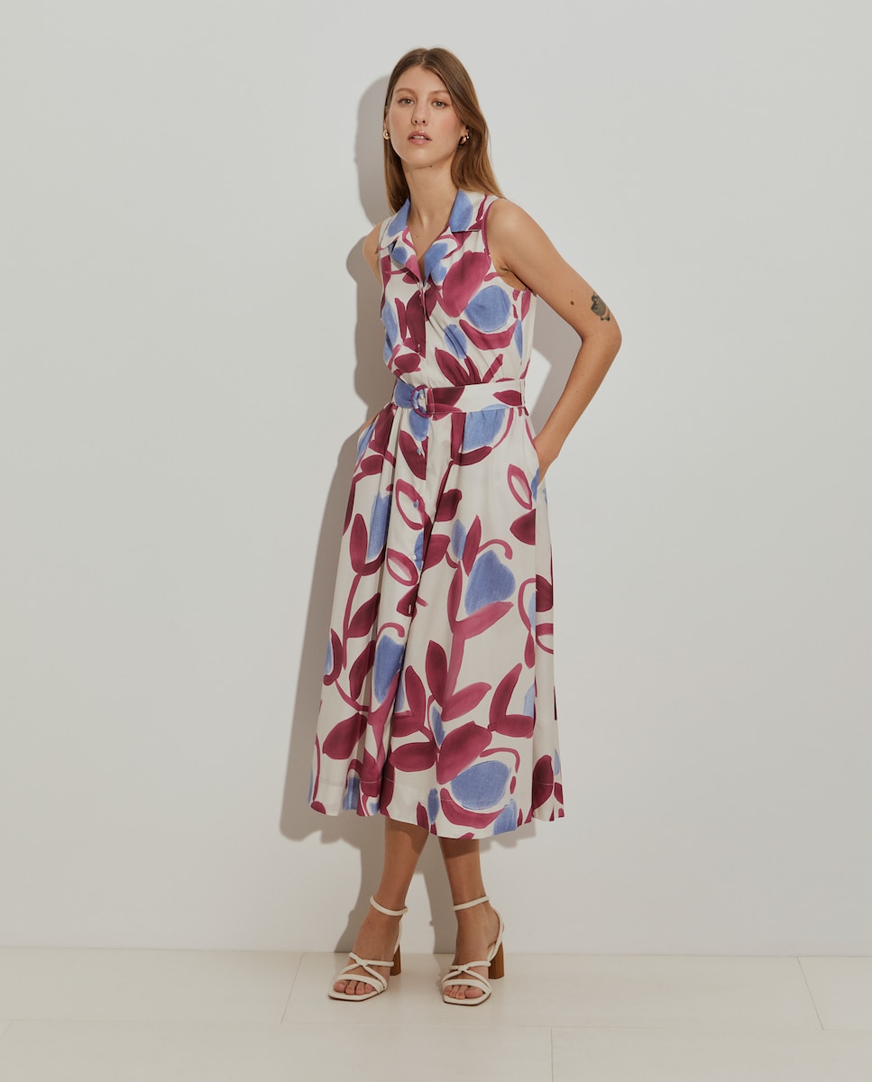 Vestido Tipo Camisa sem Mangas com Estampado Rosa-1