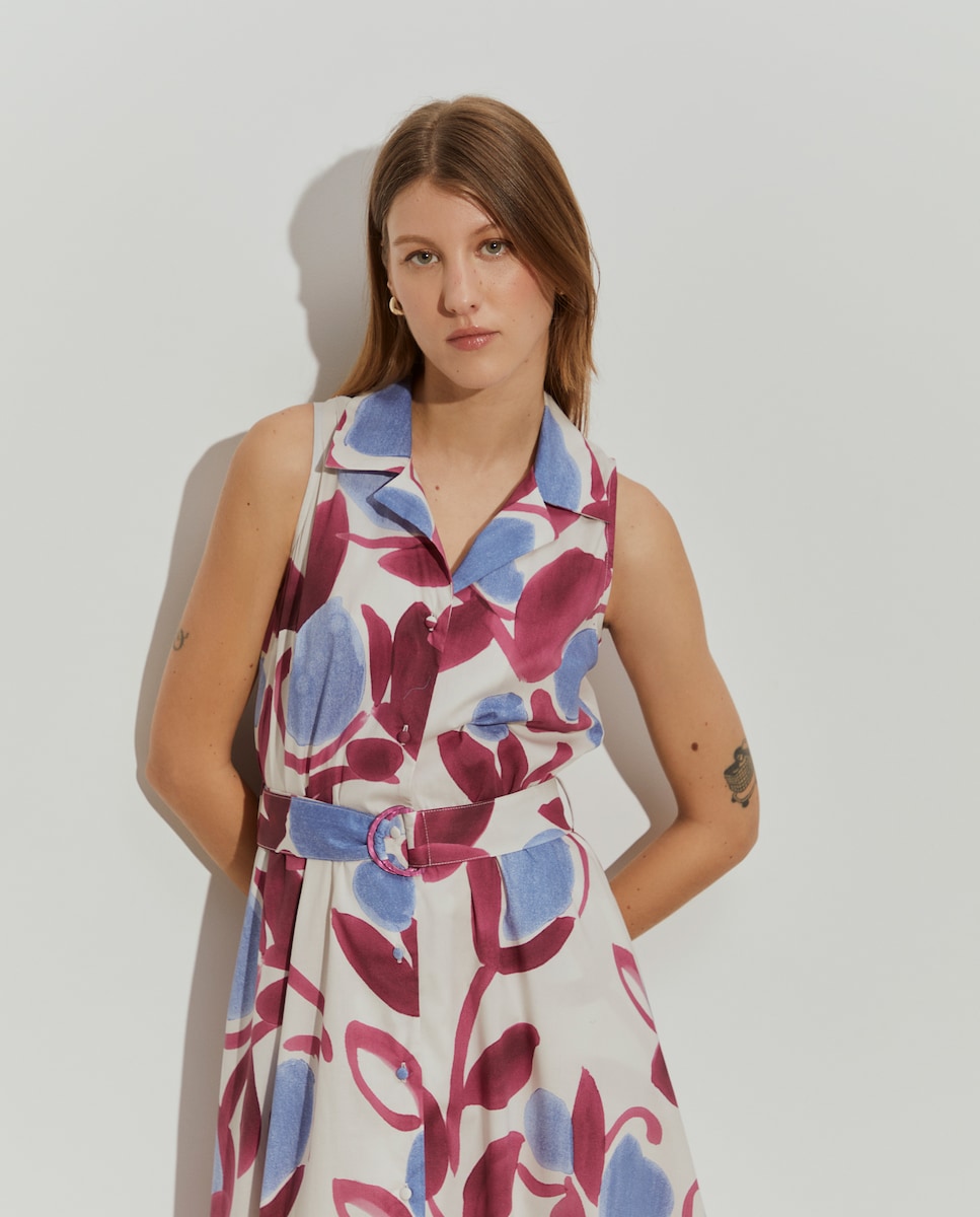 Vestido Tipo Camisa sem Mangas com Estampado Rosa-2