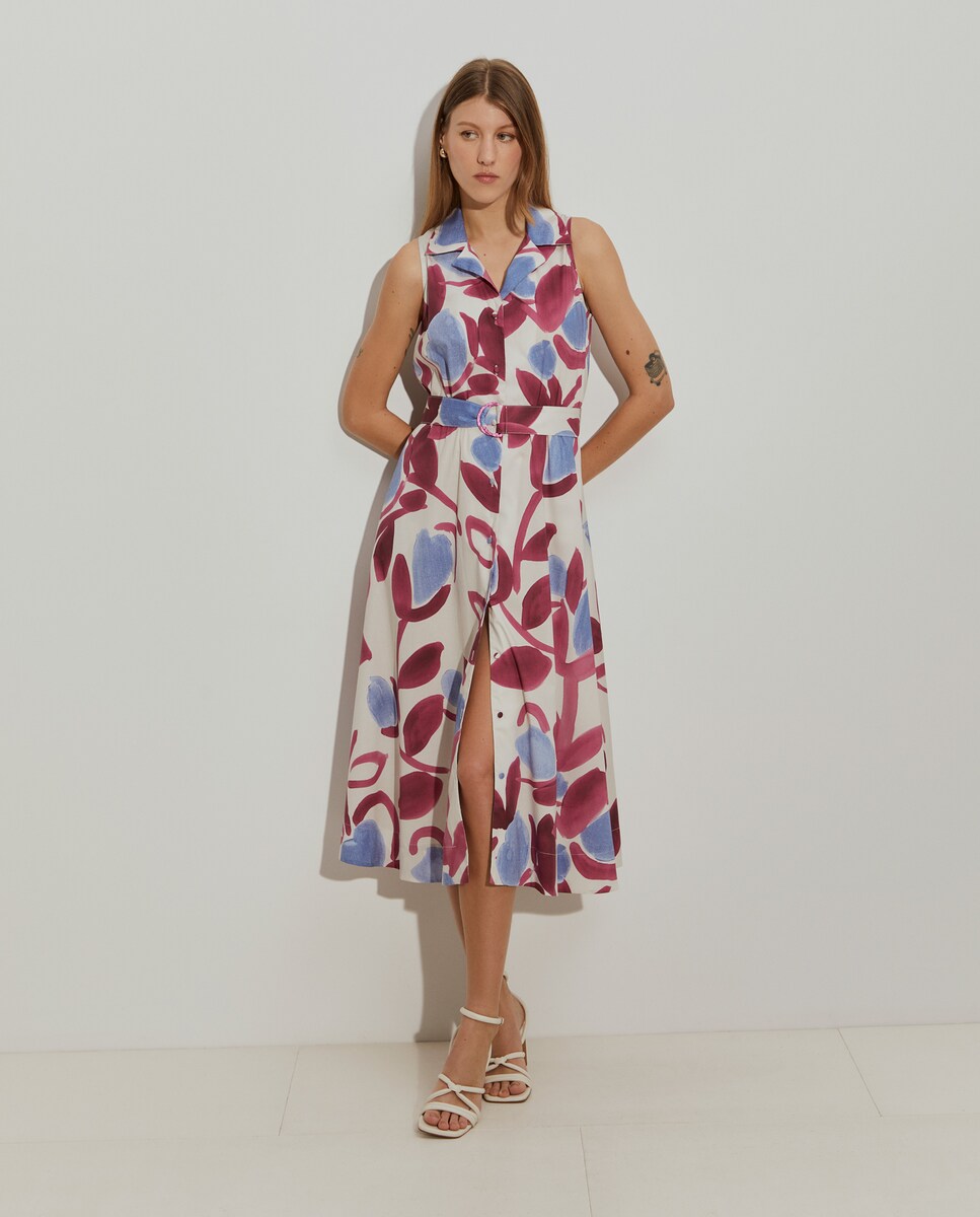 Vestido Tipo Camisa sem Mangas com Estampado Rosa-4