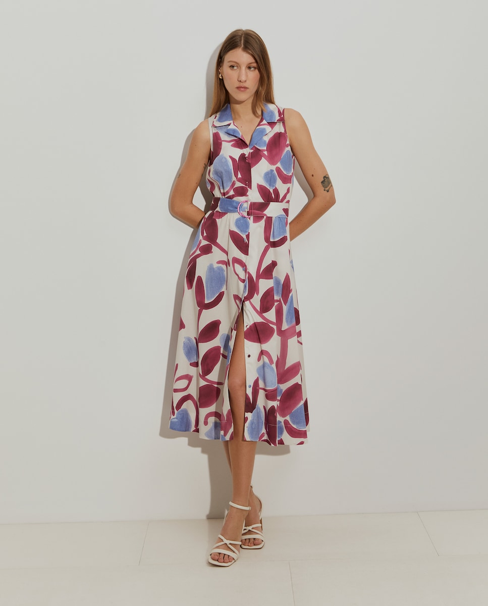 Vestido Tipo Camisa sem Mangas com Estampado Rosa-4