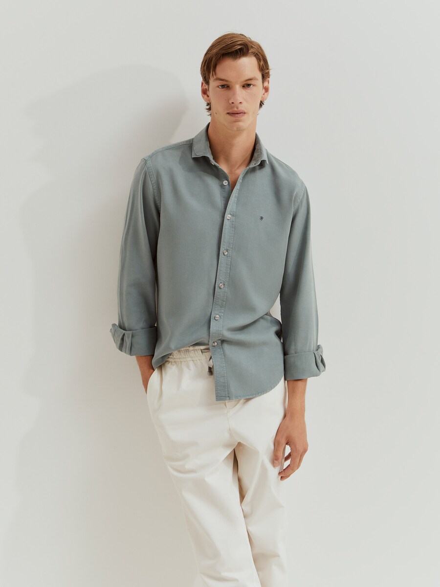 Camisa com Lyocell e Linho de Corte Slim Fit Verde-escuro-1