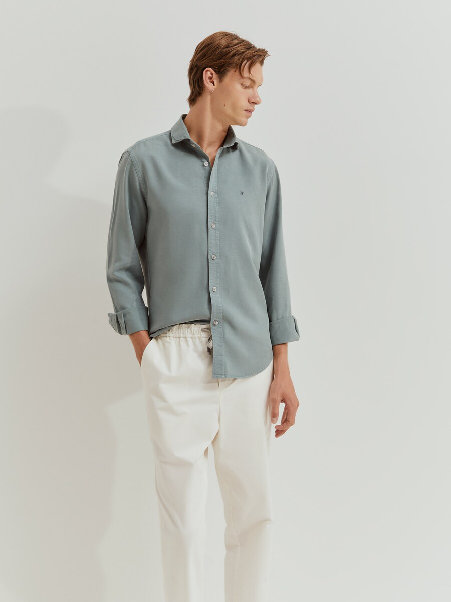 Camisa com Lyocell e Linho de Corte Slim Fit Verde-escuro-2