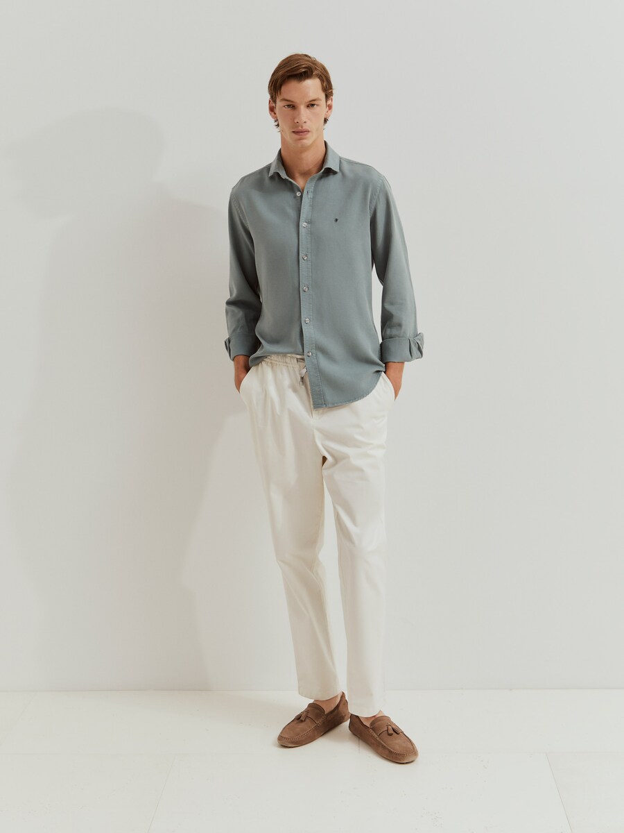 Camisa com Lyocell e Linho de Corte Slim Fit Verde-escuro-4