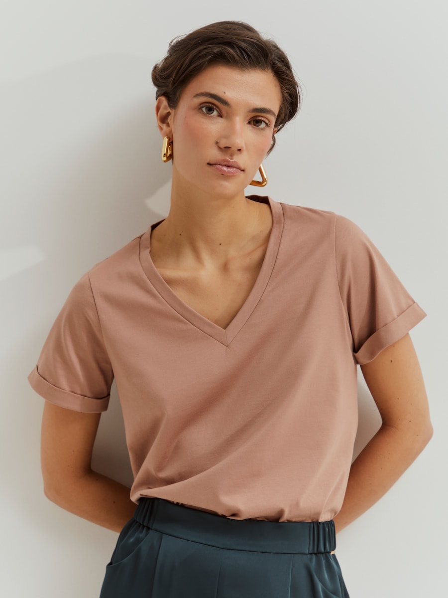 T-shirt Básica de Algodão com Gola em V Rosa-1