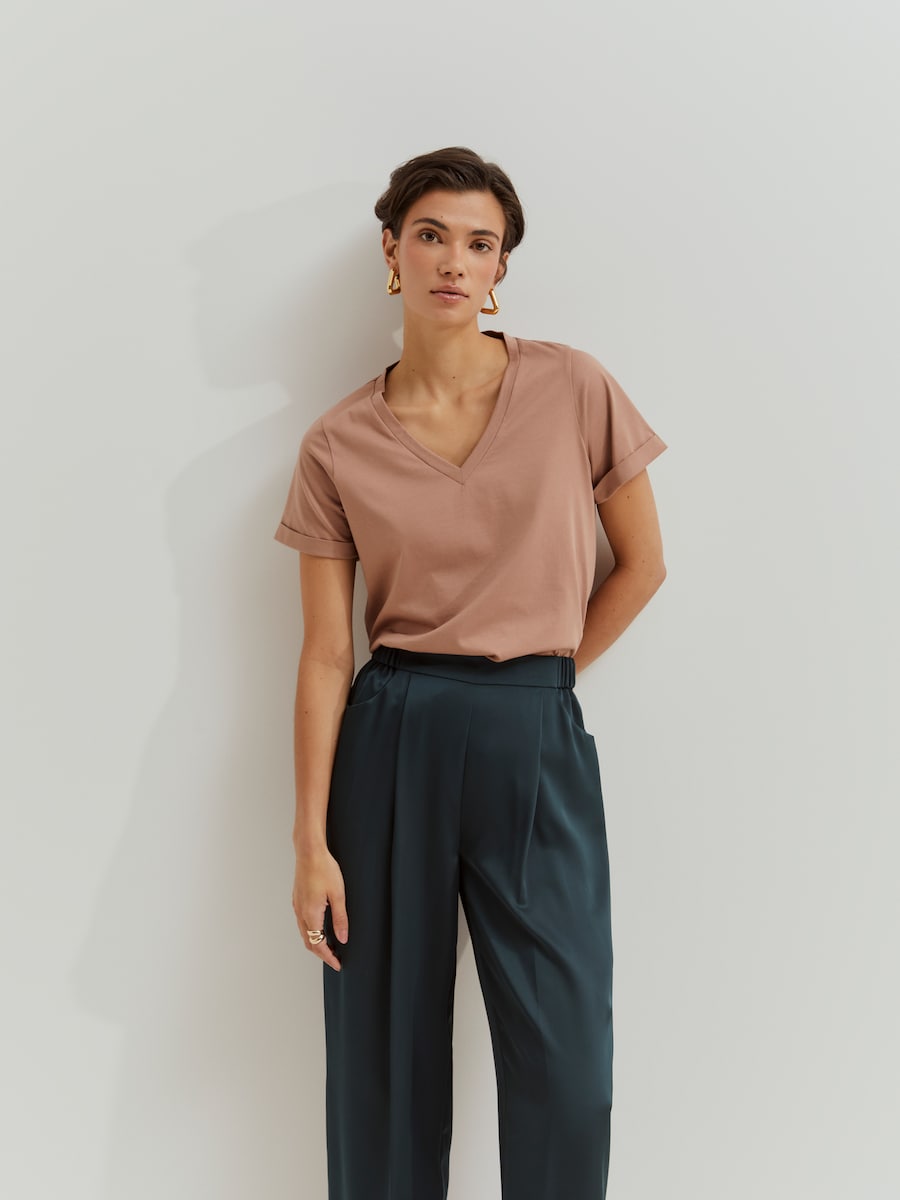 T-shirt Básica de Algodão com Gola em V Rosa-2