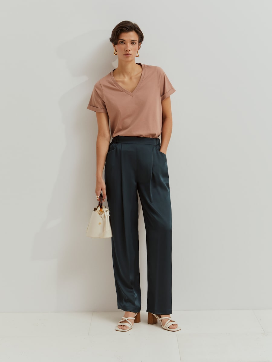 T-shirt Básica de Algodão com Gola em V Rosa-4