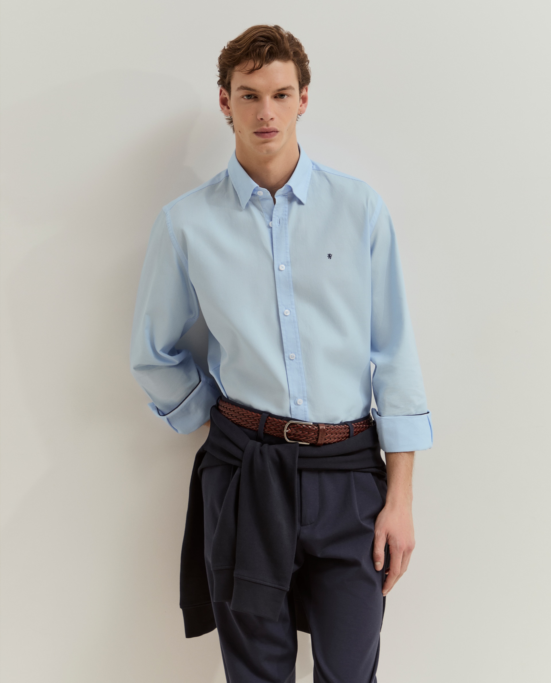 Camisa slim fit de algodão Azul-1