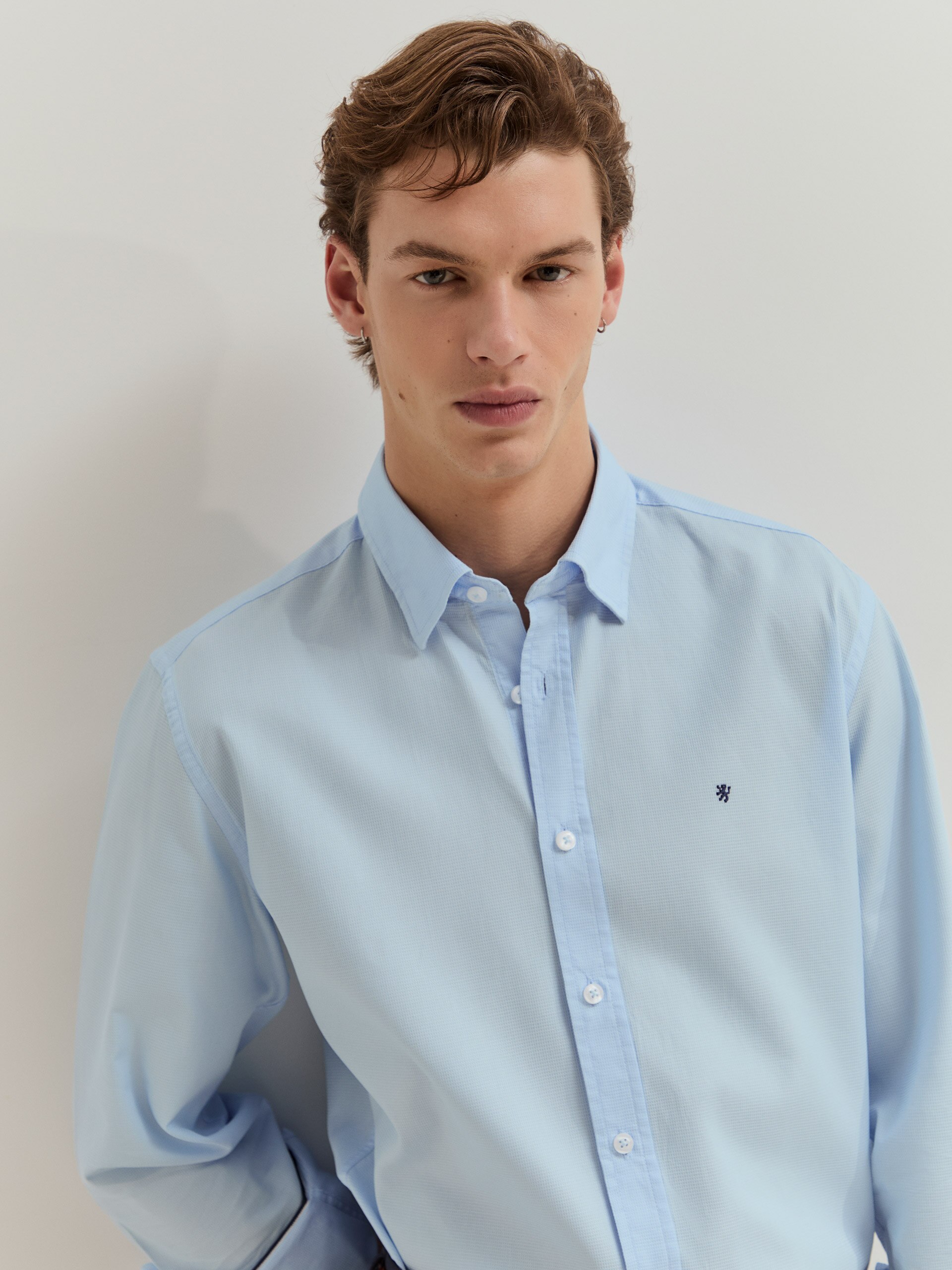 Camisa slim fit de algodão Azul-2
