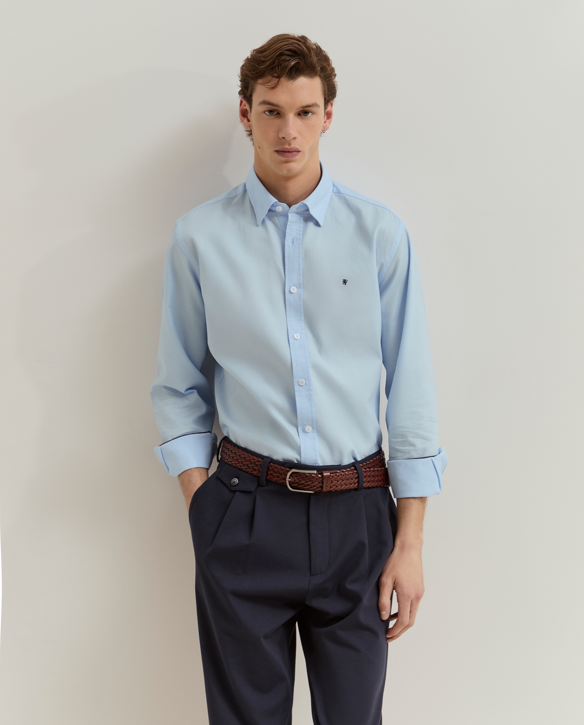 Camisa slim fit de algodão Azul-4