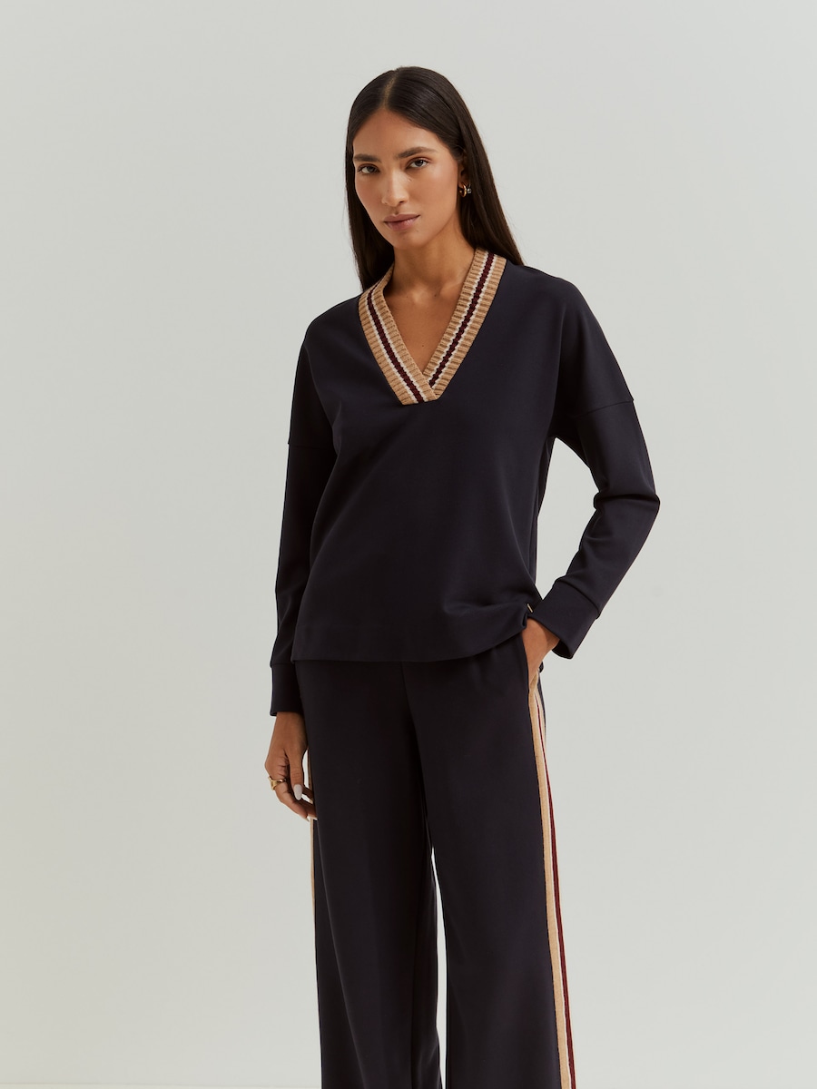 Camisola de Malha com Gola em V Azul-marinho-2