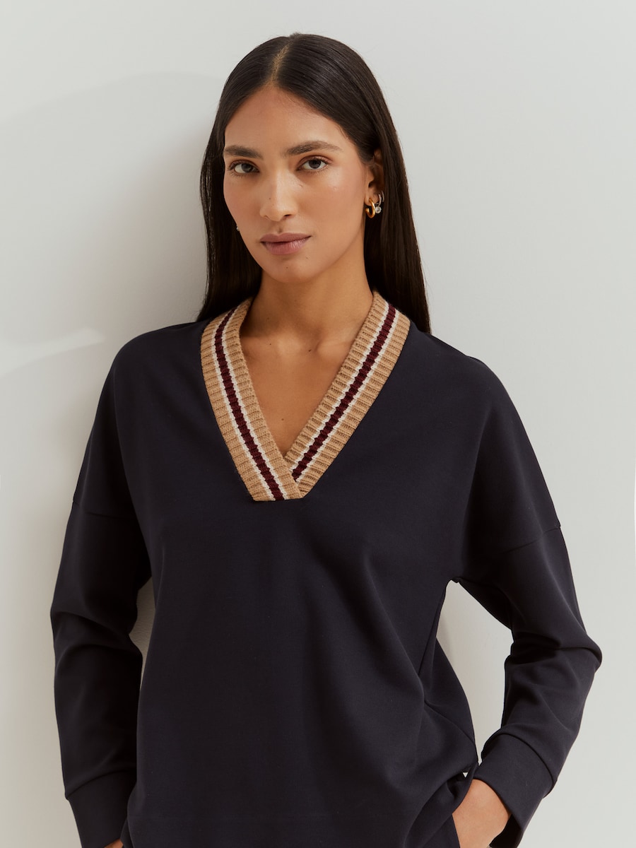 Camisola de Malha com Gola em V Azul-marinho-4