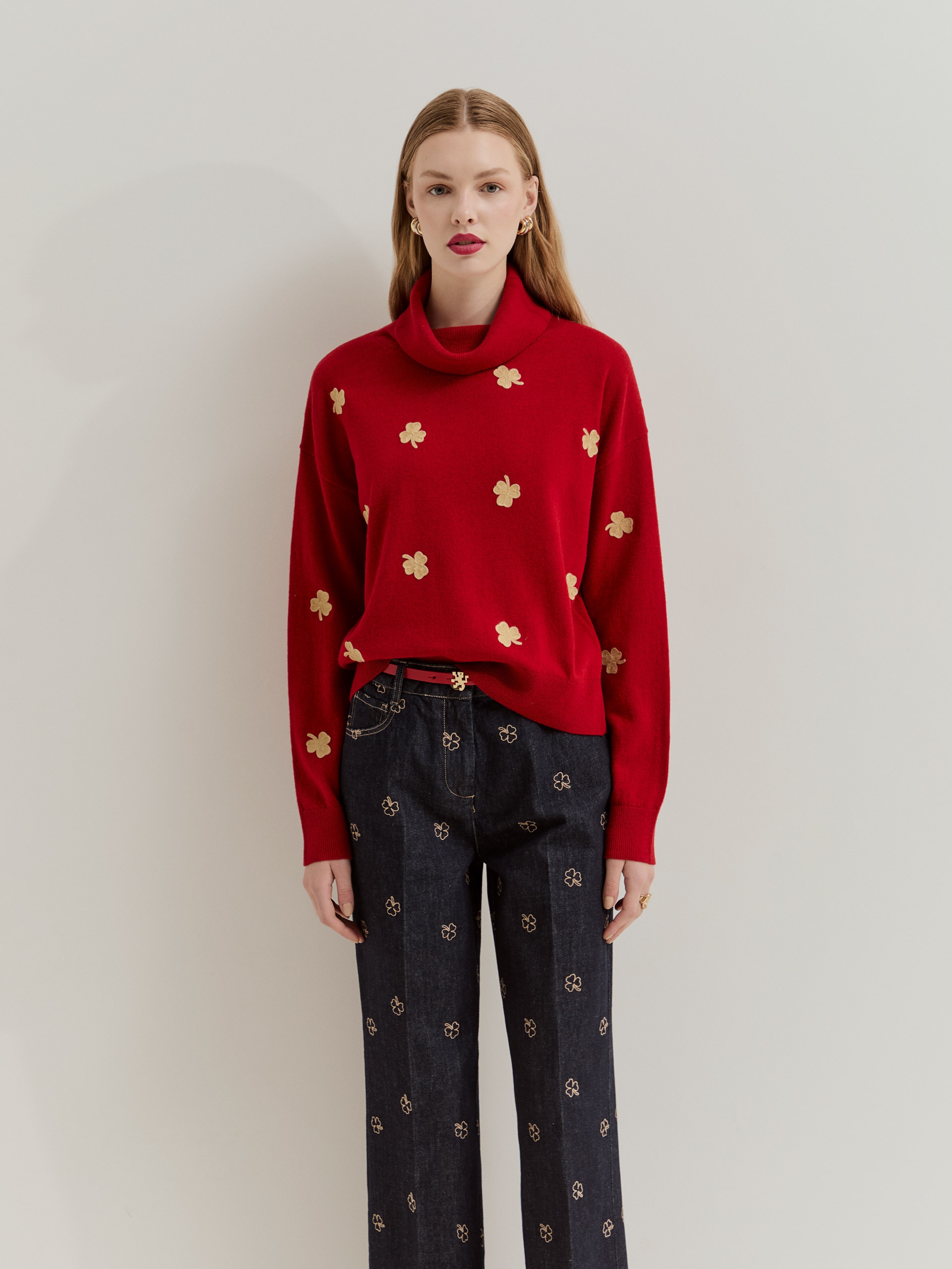 Camisola de Gola Alta de Lã com Trevos Vermelho-2