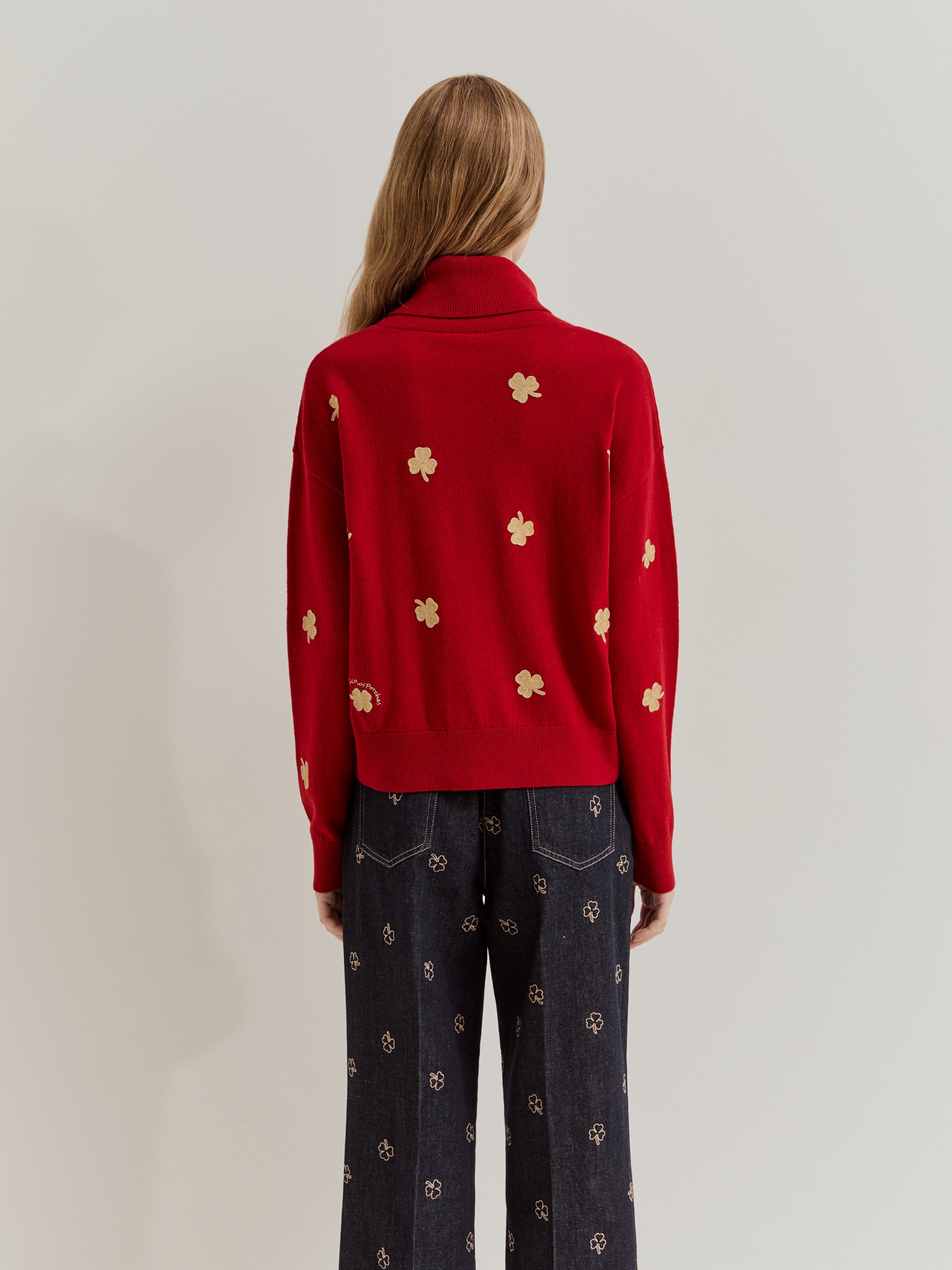 Camisola de Gola Alta de Lã com Trevos Vermelho-3