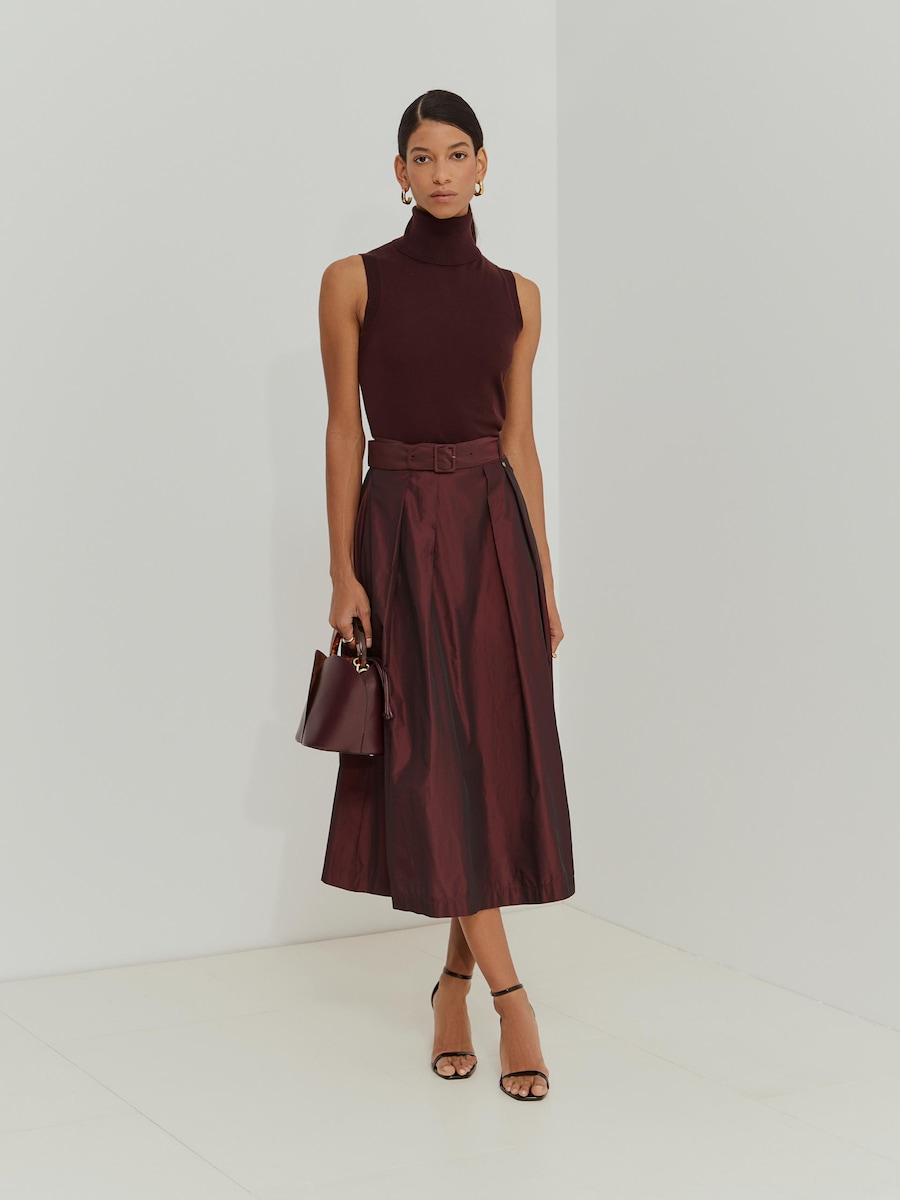 Saia Midi com Pregas em Tecido Técnico Bordeaux-1