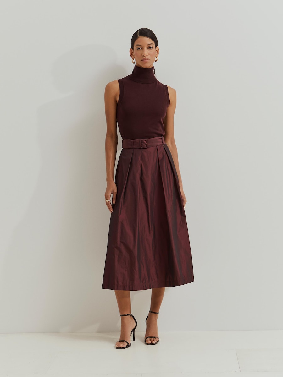 Saia Midi com Pregas em Tecido Técnico Bordeaux-4