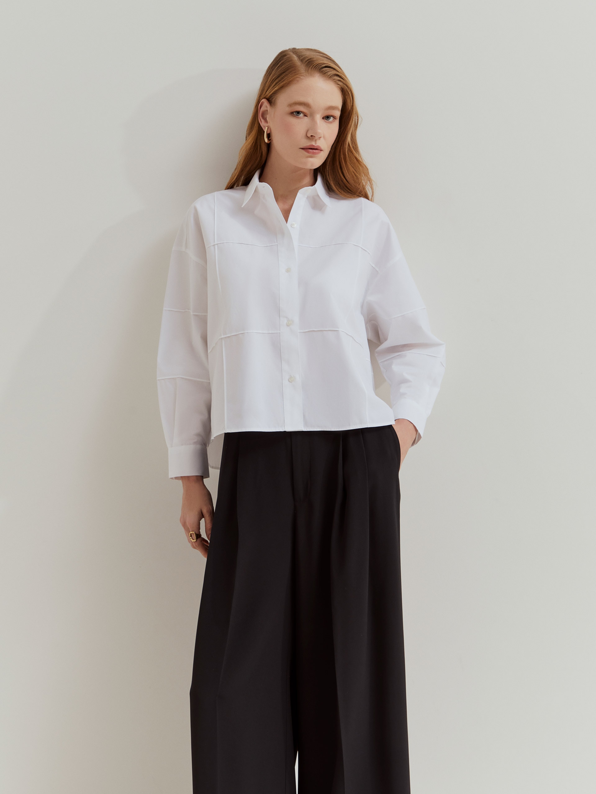 Camisa de Algodão com Costuras Detalhadas Branco-2