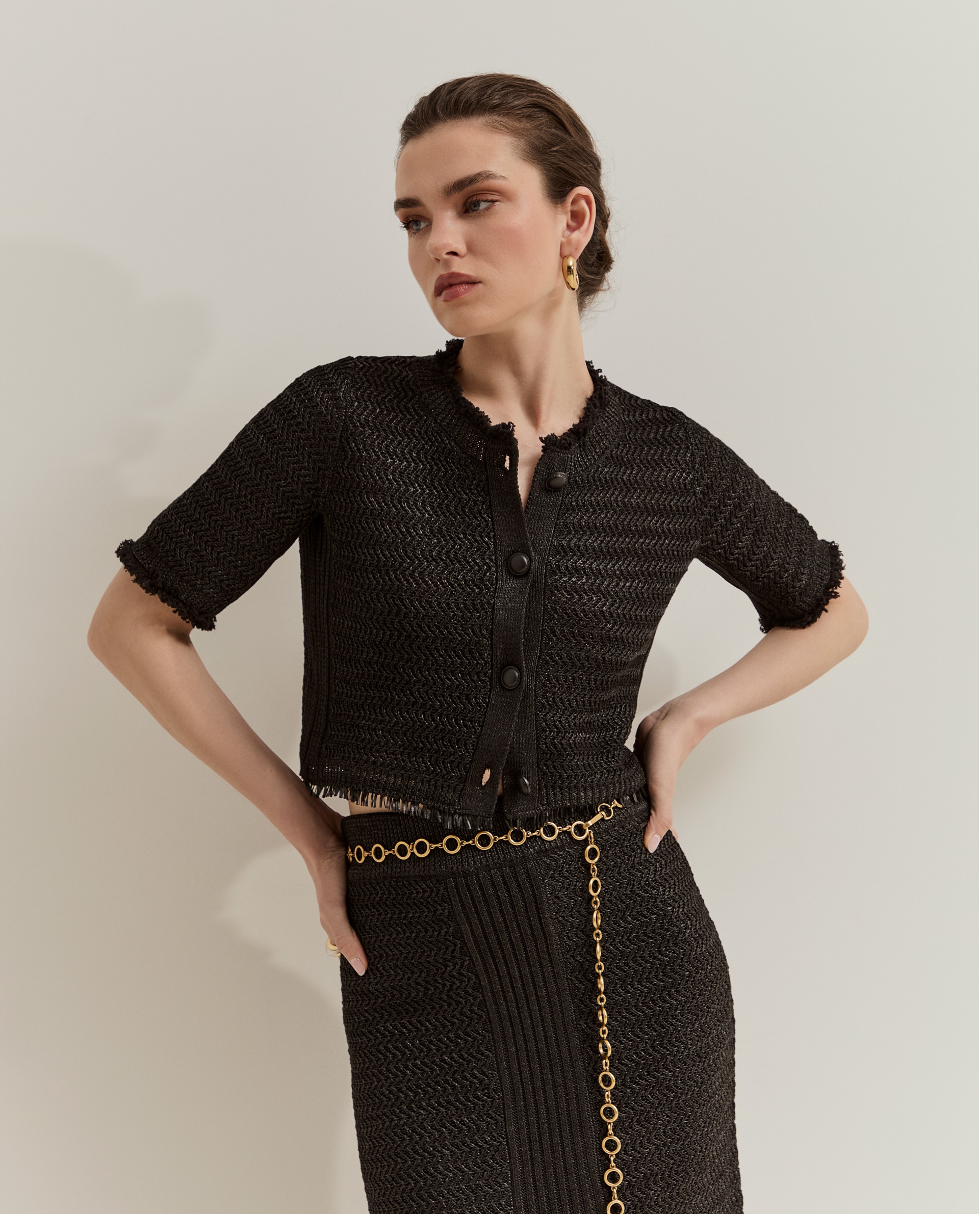 Cardigan de Malha de Manga Curta Preto-2