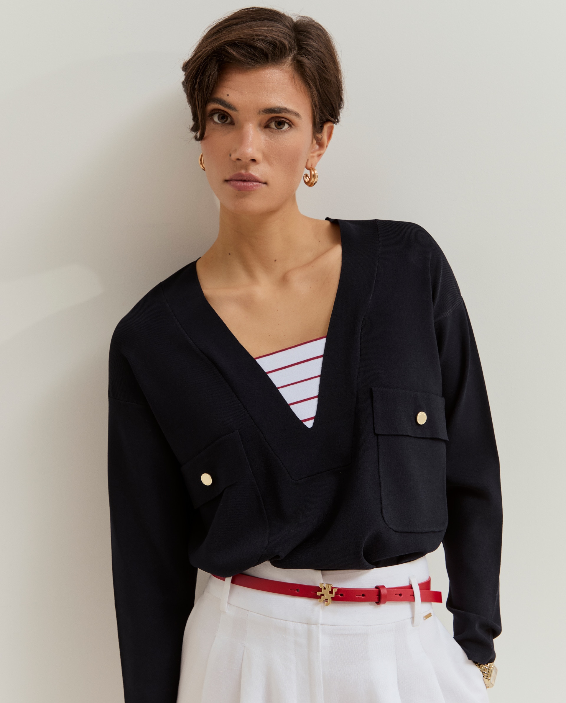 Camisola de Malha Fina com Decote em V Azul-marinho-2