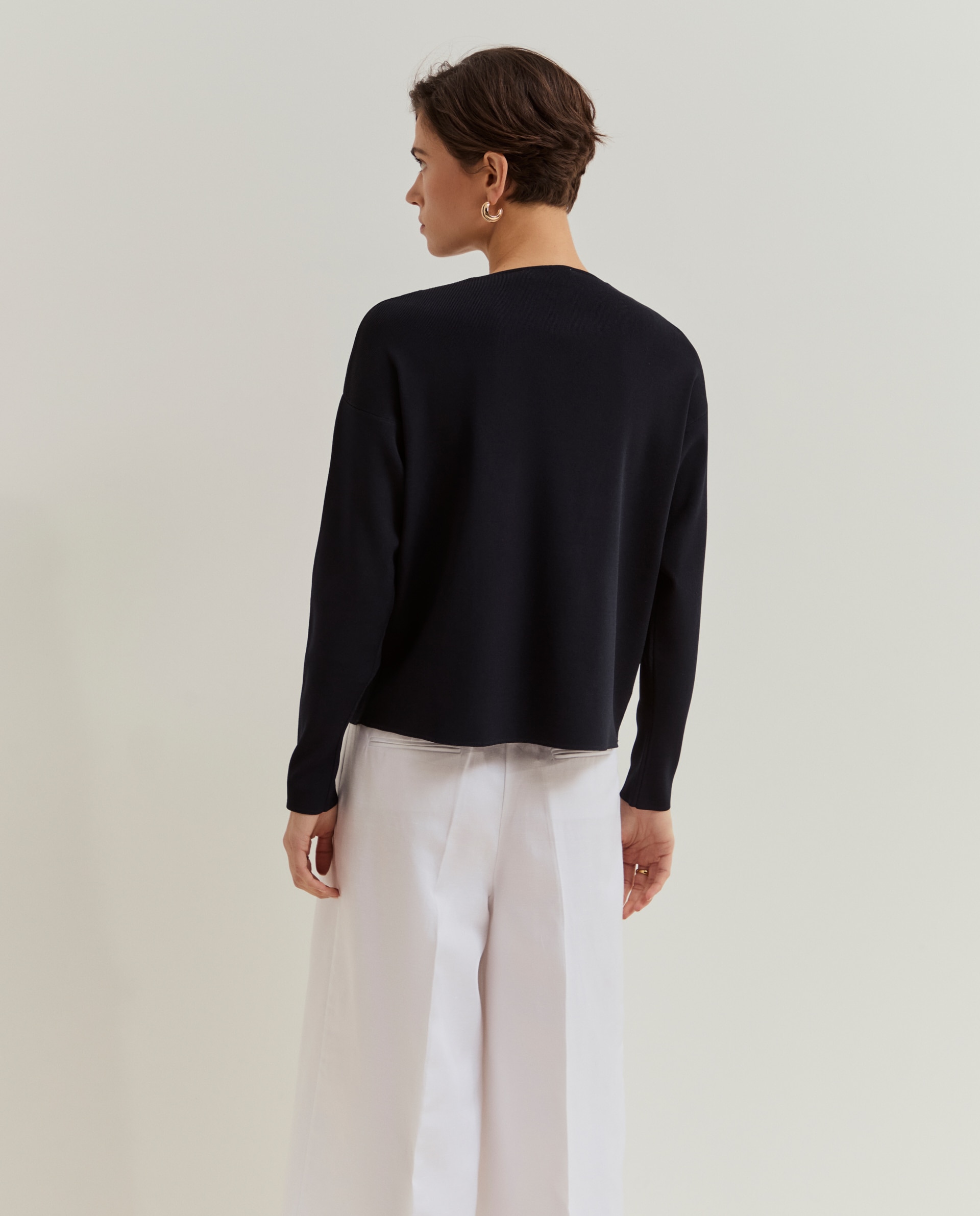 Camisola de Malha Fina com Decote em V Azul-marinho-3