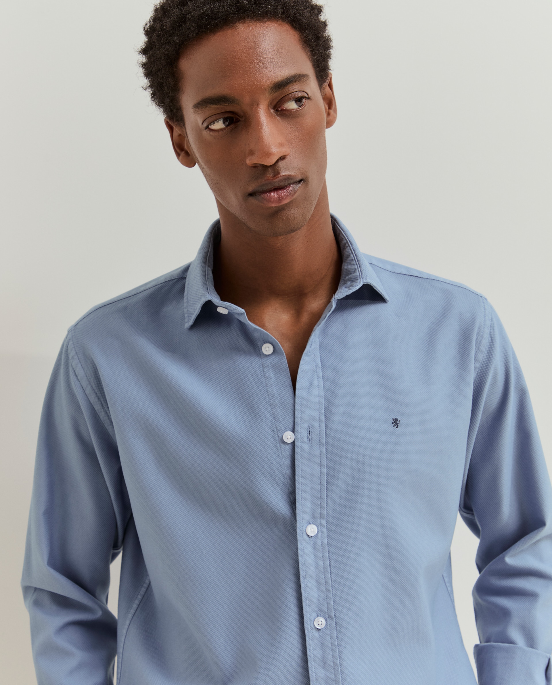 Camisa slim fit em piqué de algodão Azul-2