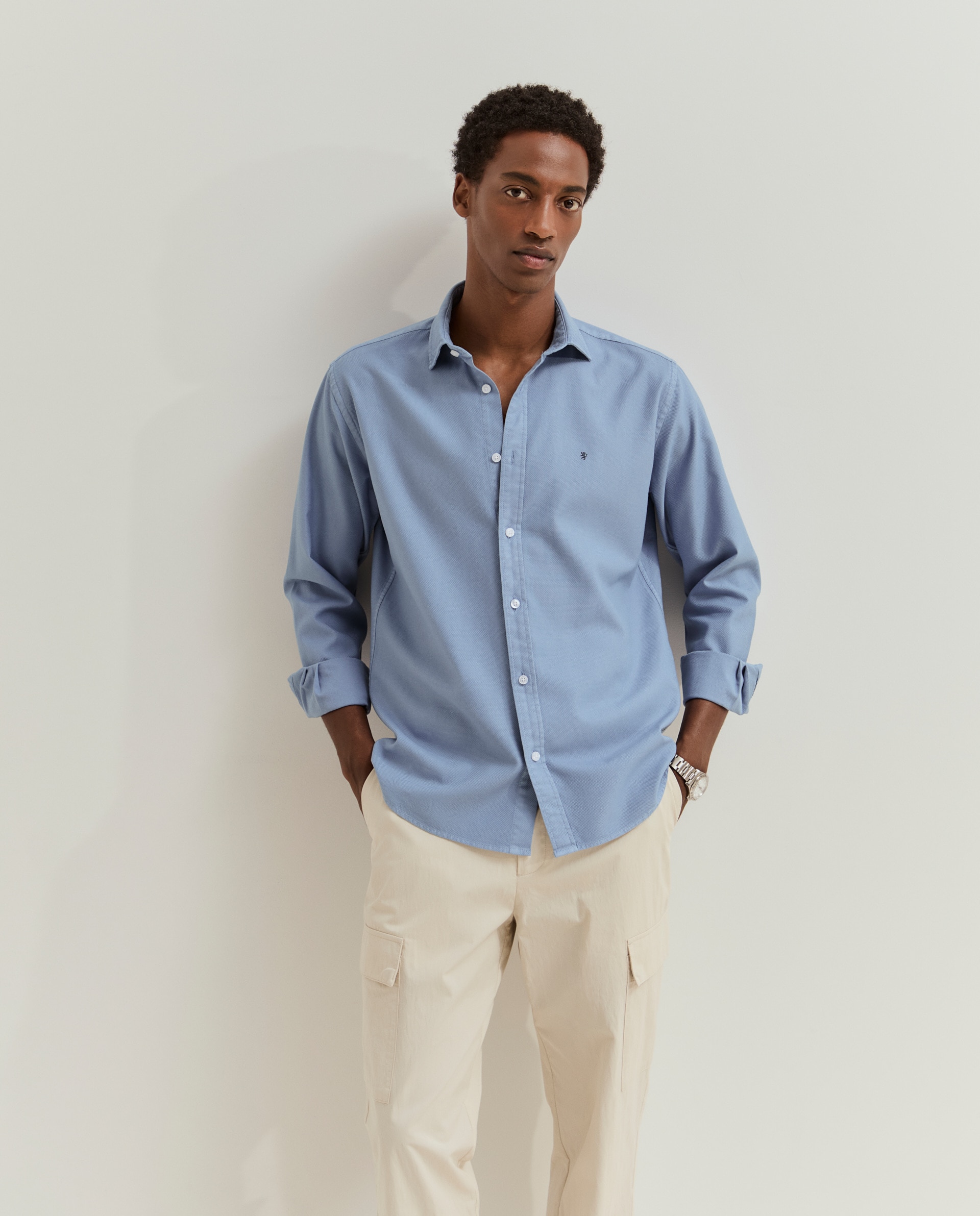 Camisa slim fit em piqué de algodão Azul-4