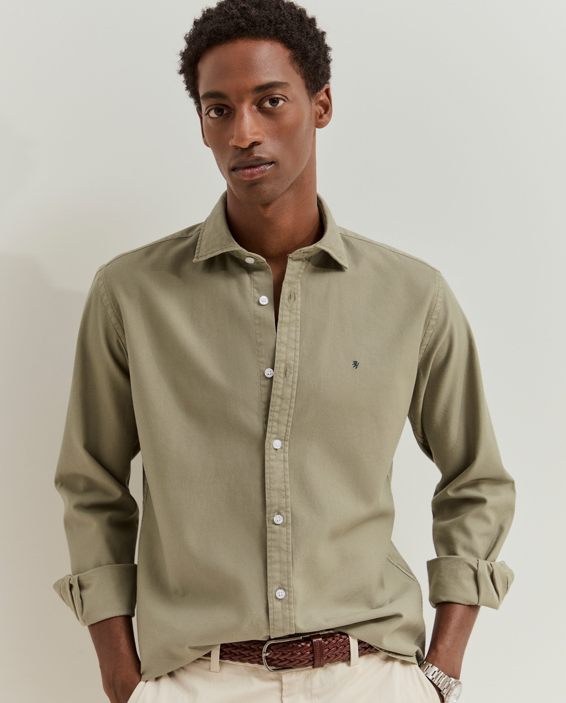 Camisa slim fit em piqué de algodão Verde-2