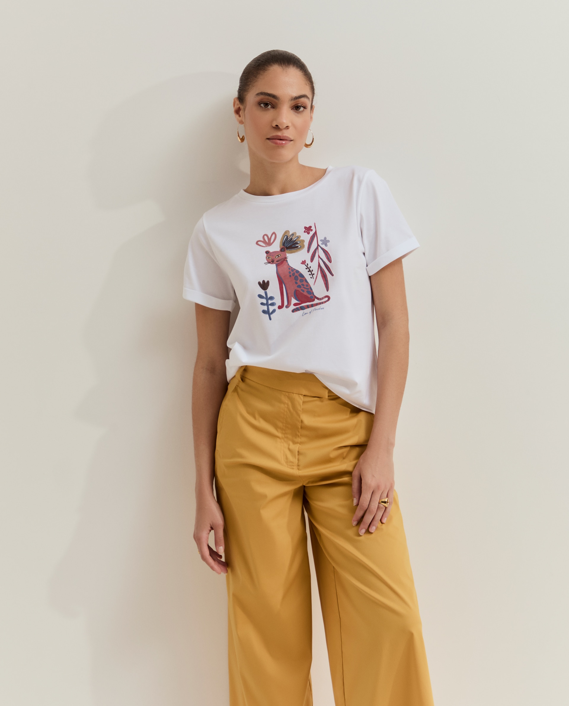 T-shirt de Algodão com Detalhes Bordados Branco-4