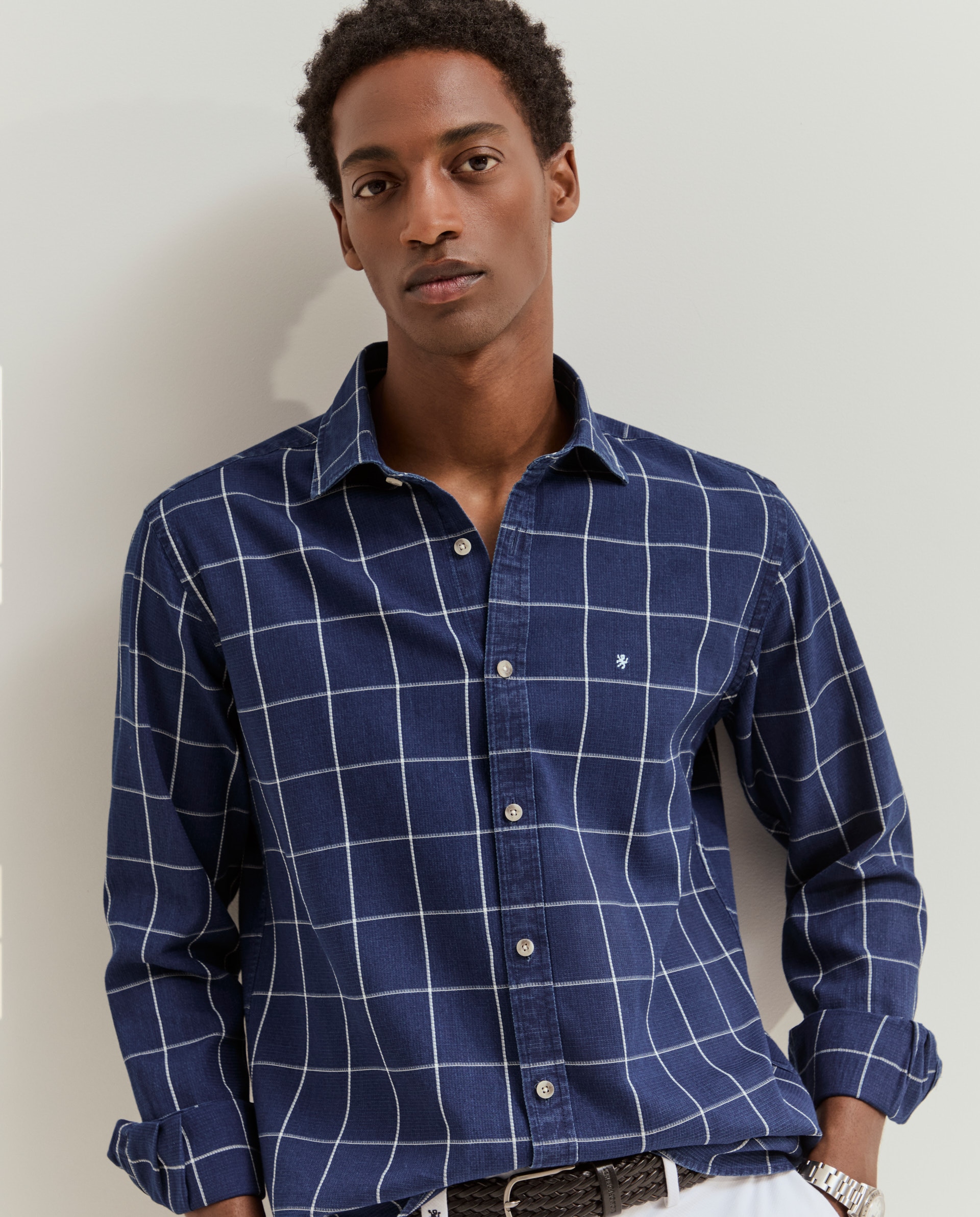 Camisa slim fit com padrão de quadrados Azul-2