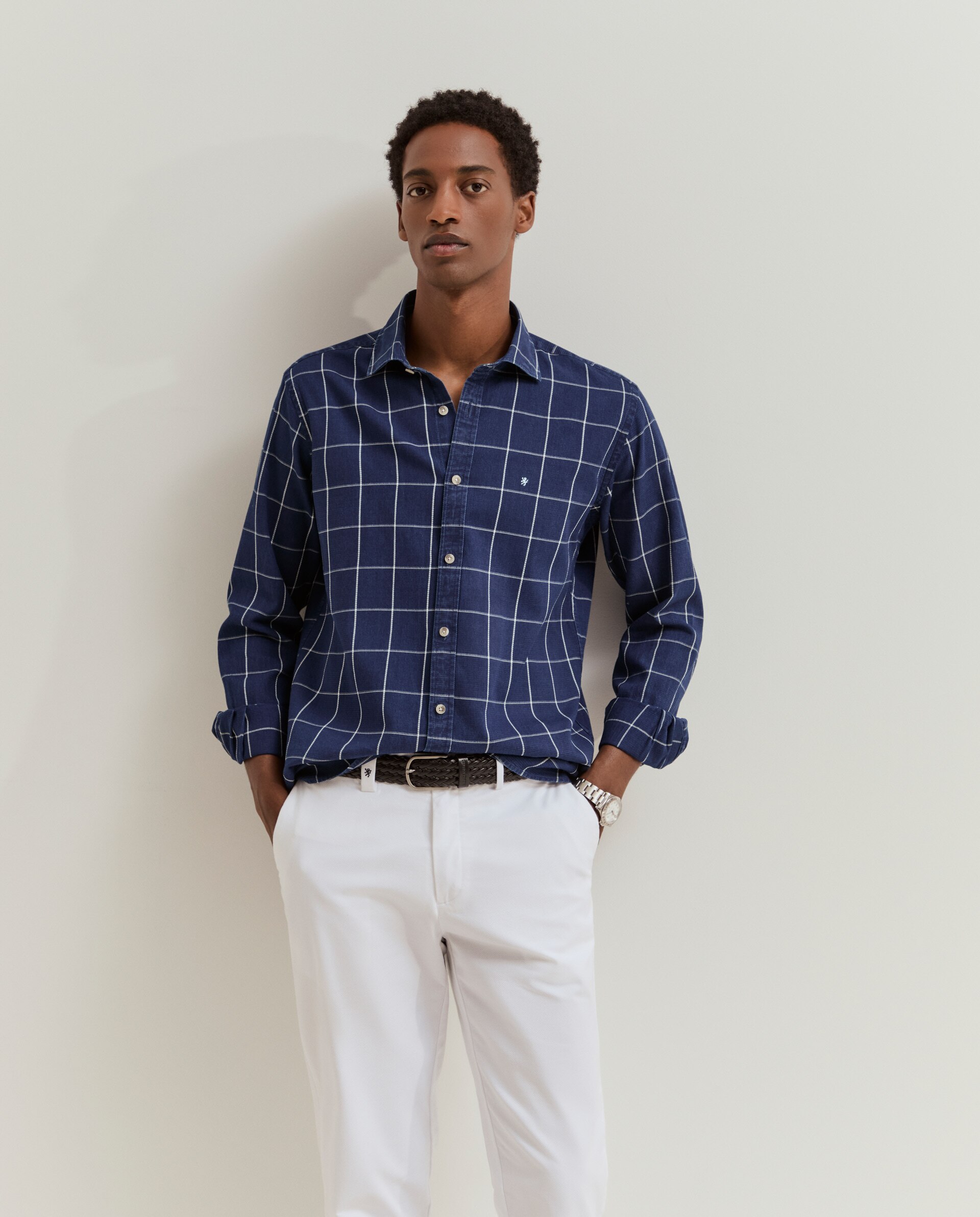Camisa slim fit com padrão de quadrados Azul-4