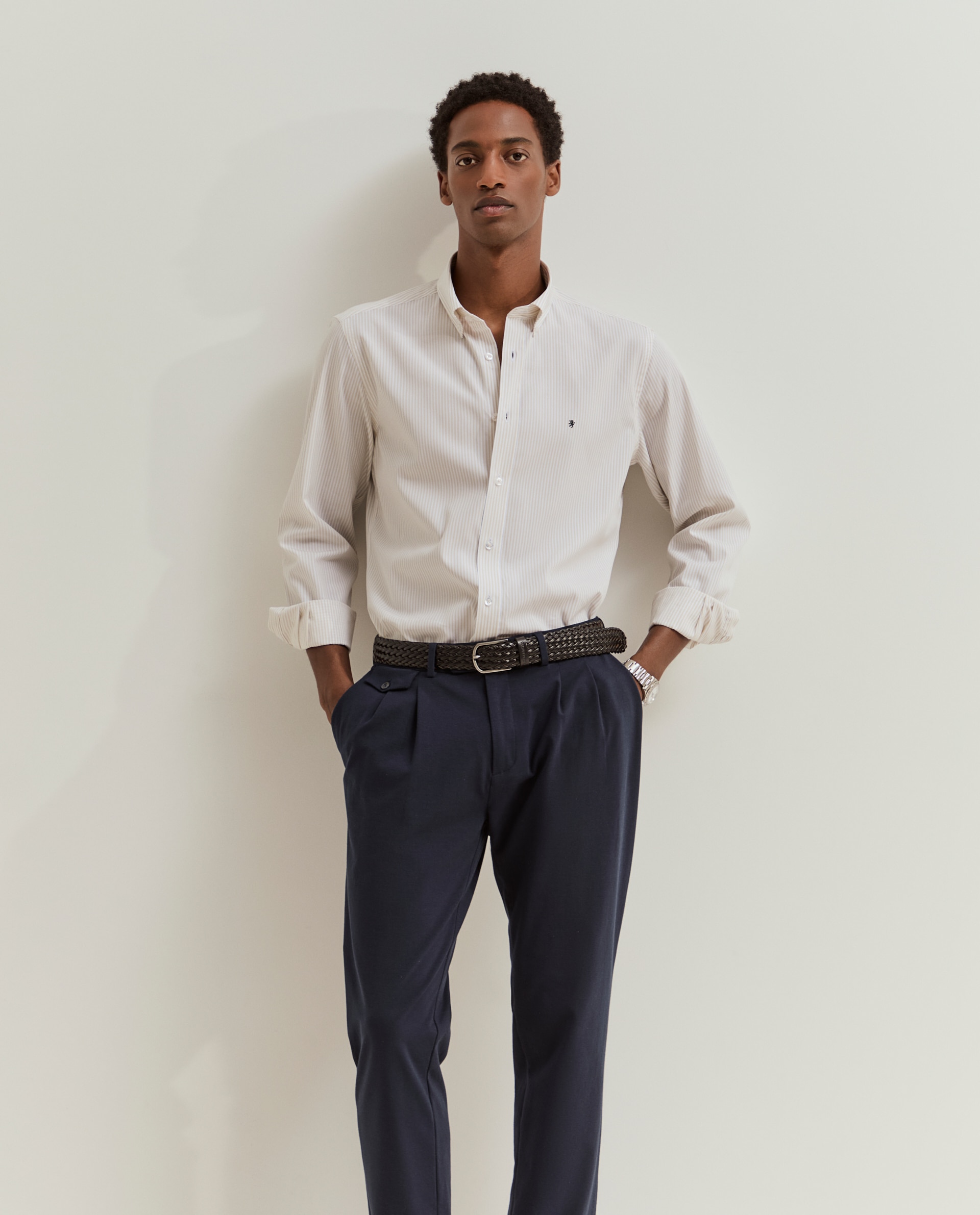 Camisa regular fit em algodão às riscas Branco-1
