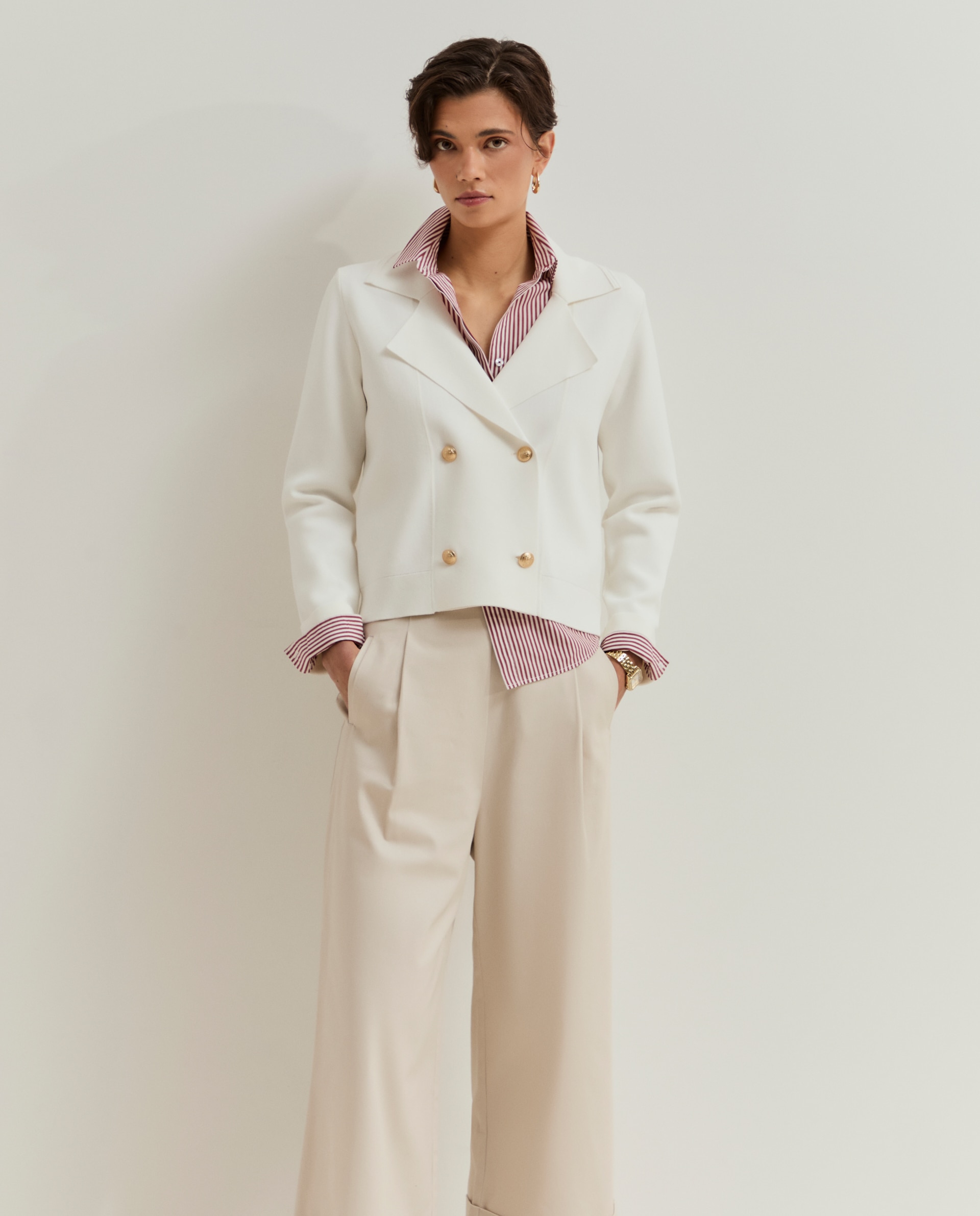 Cardigan de Estilo Blazer Cruzado Creme-4