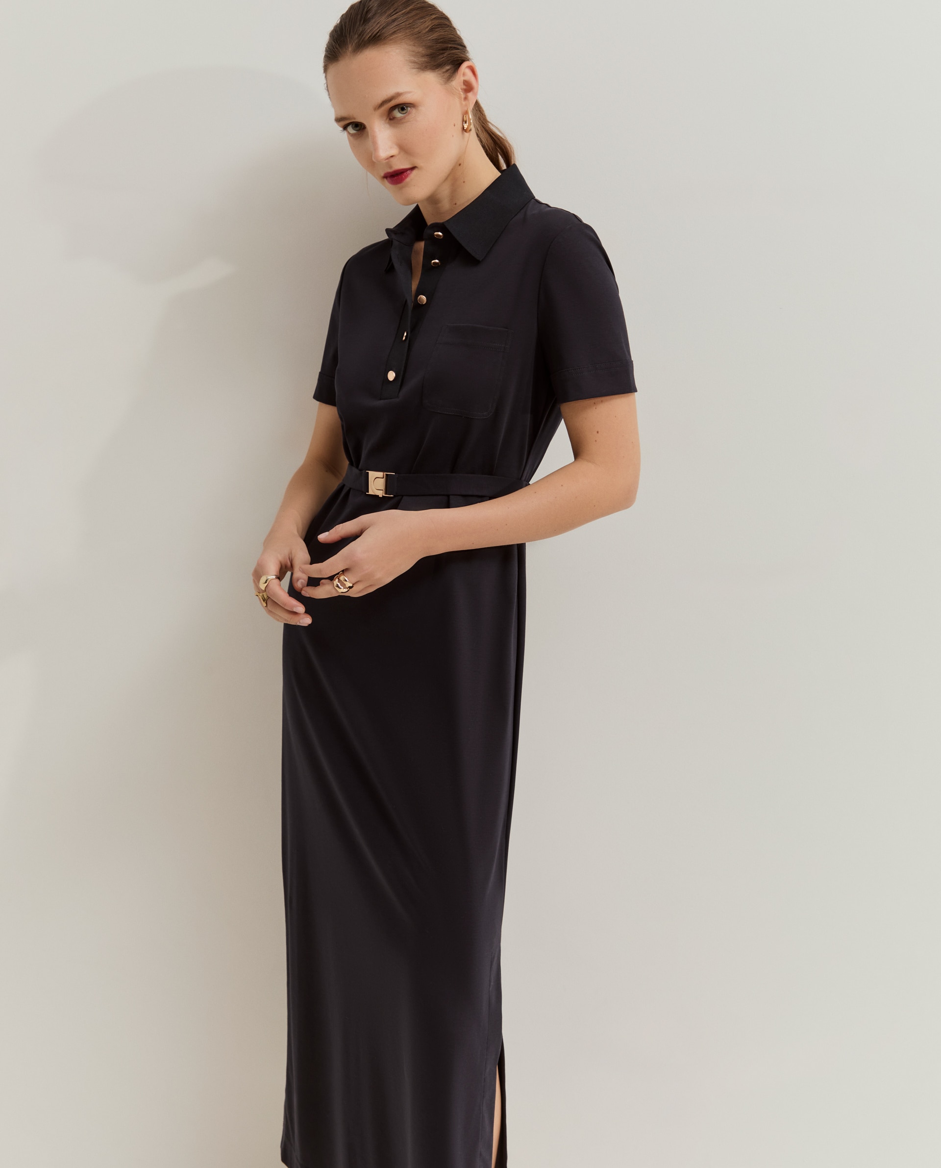 Vestido comprido em algodão Azul-marinho-2