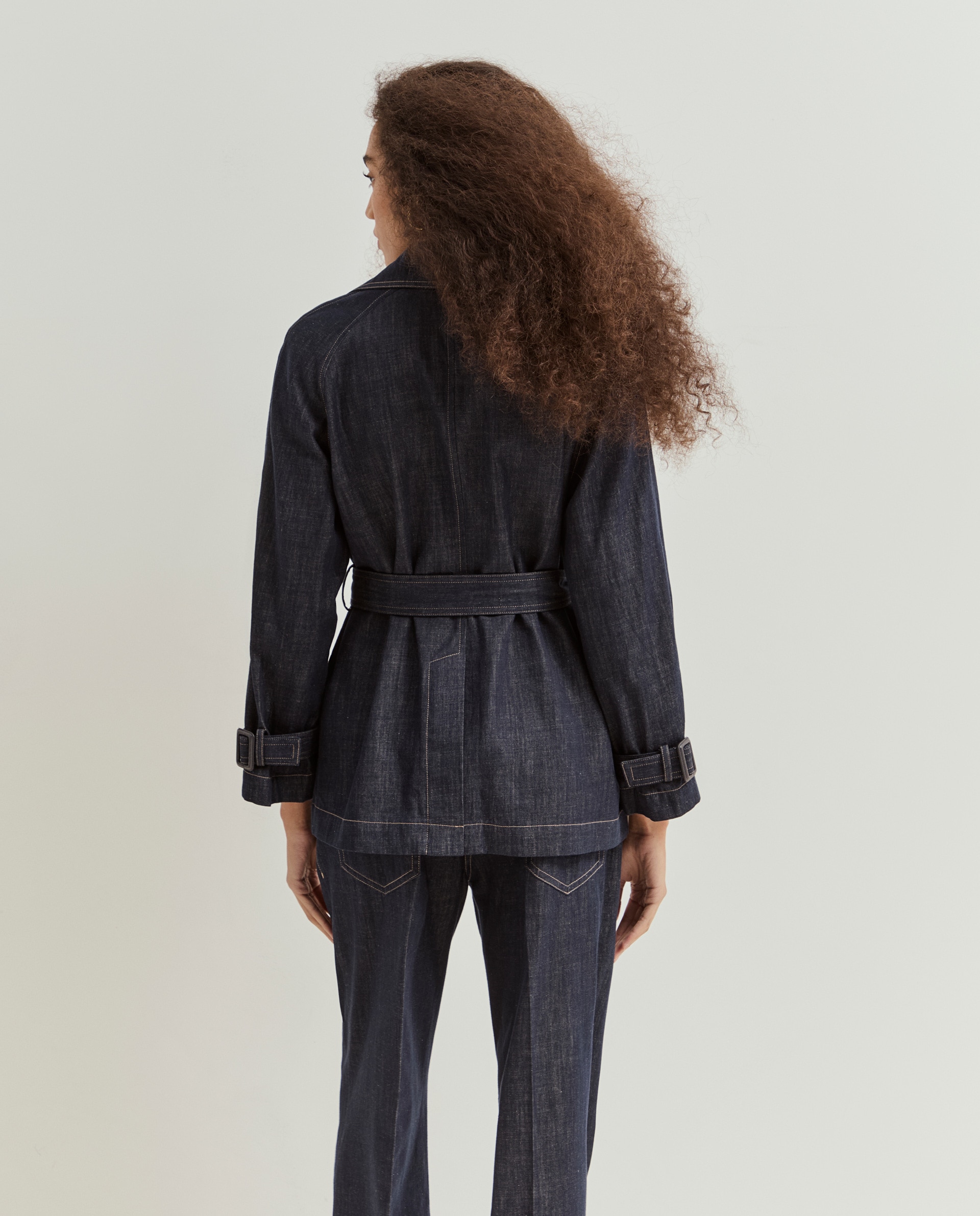 Casaco Jeans Cruzado com Cinto Azul-3