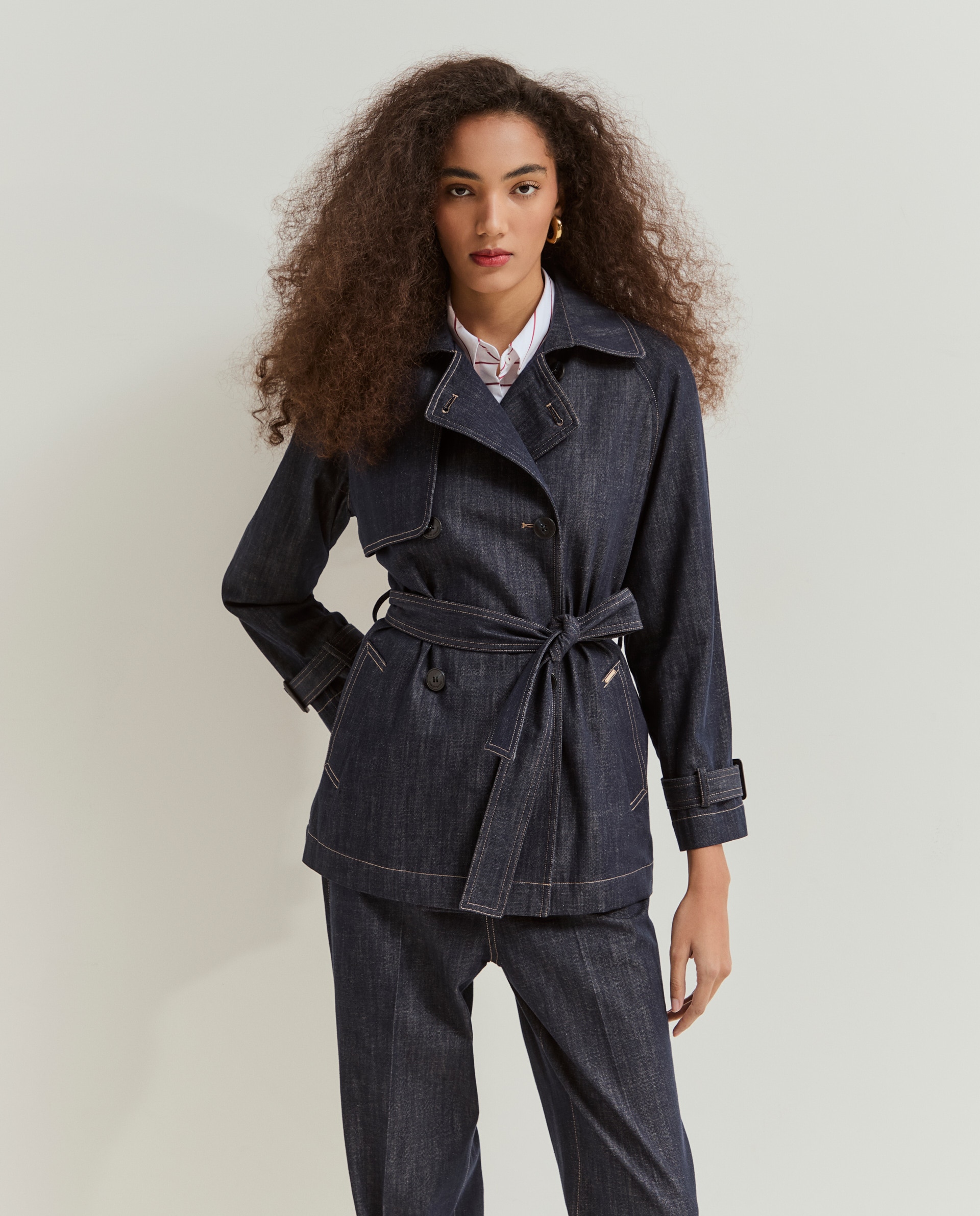 Casaco Jeans Cruzado com Cinto Azul-4