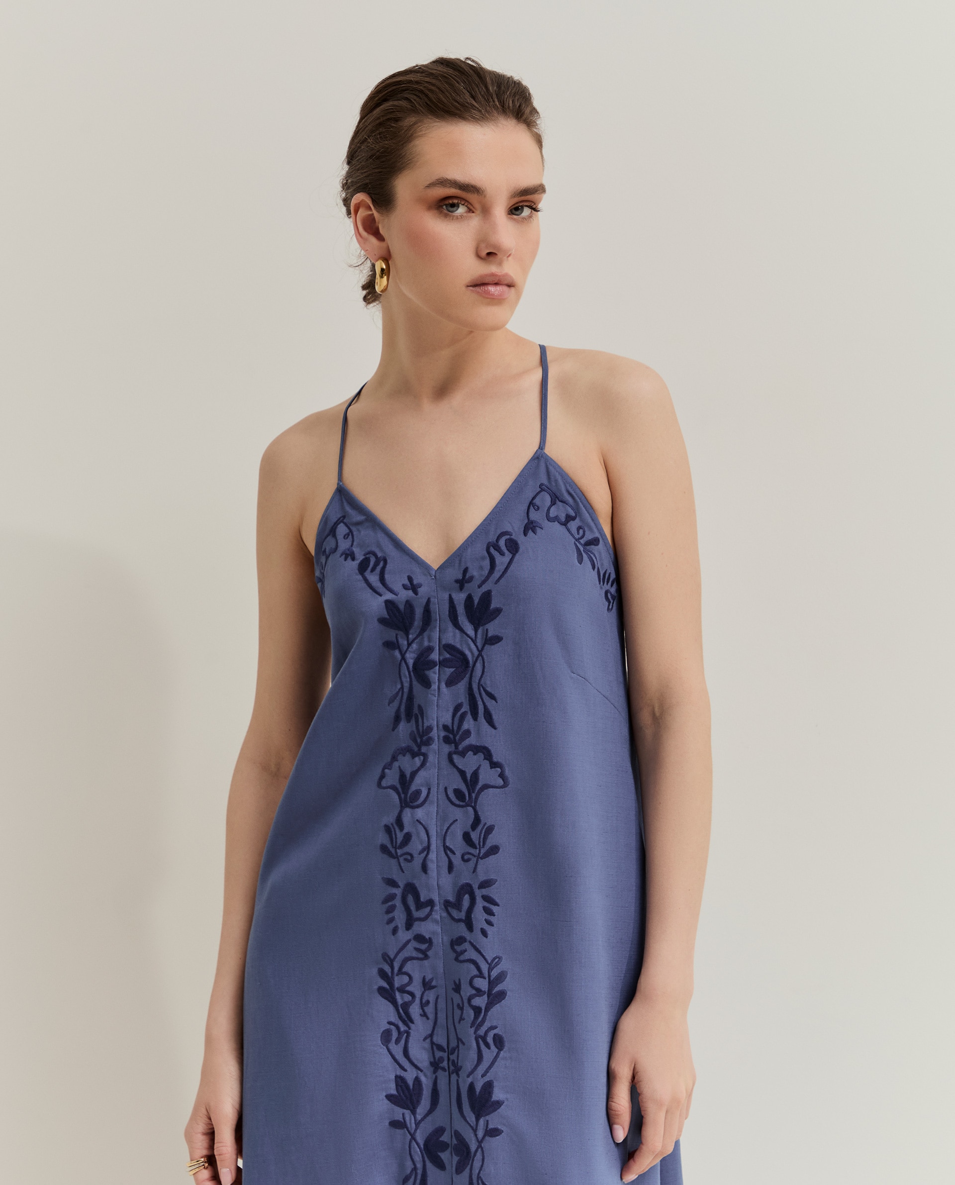 Vestido de Alças em Lyocell e Linho Azul-2
