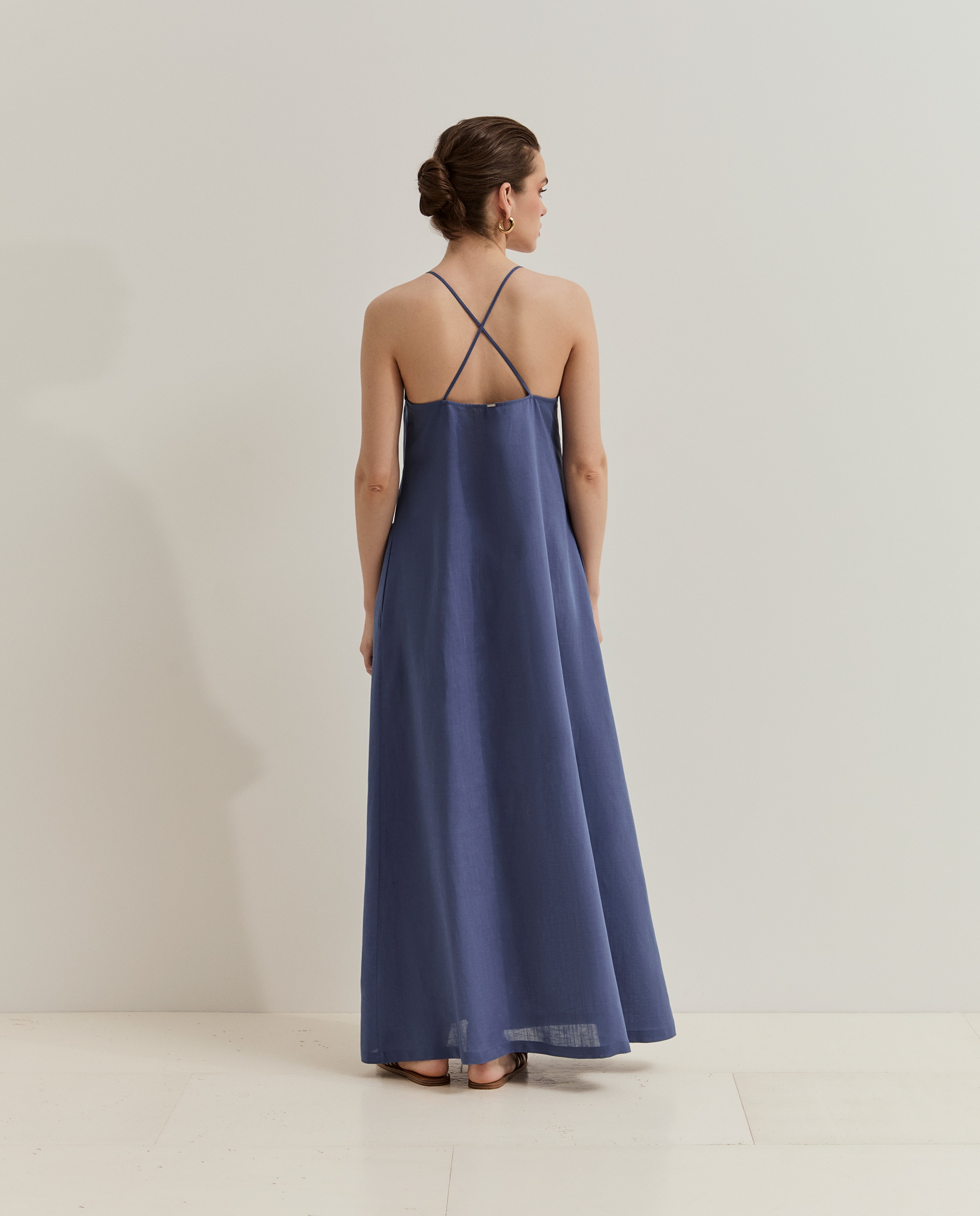 Vestido de Alças em Lyocell e Linho Azul-3