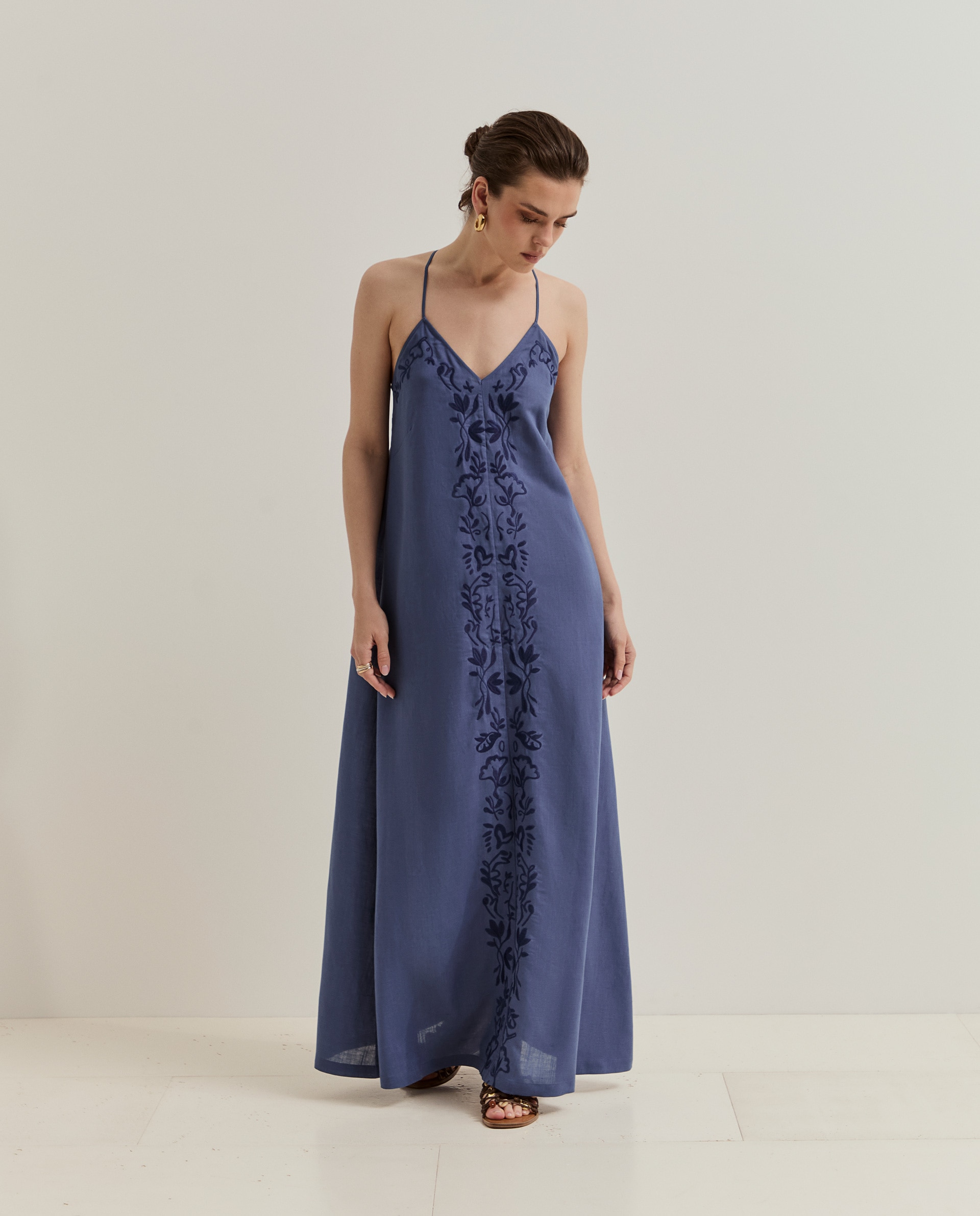 Vestido de Alças em Lyocell e Linho Azul-4
