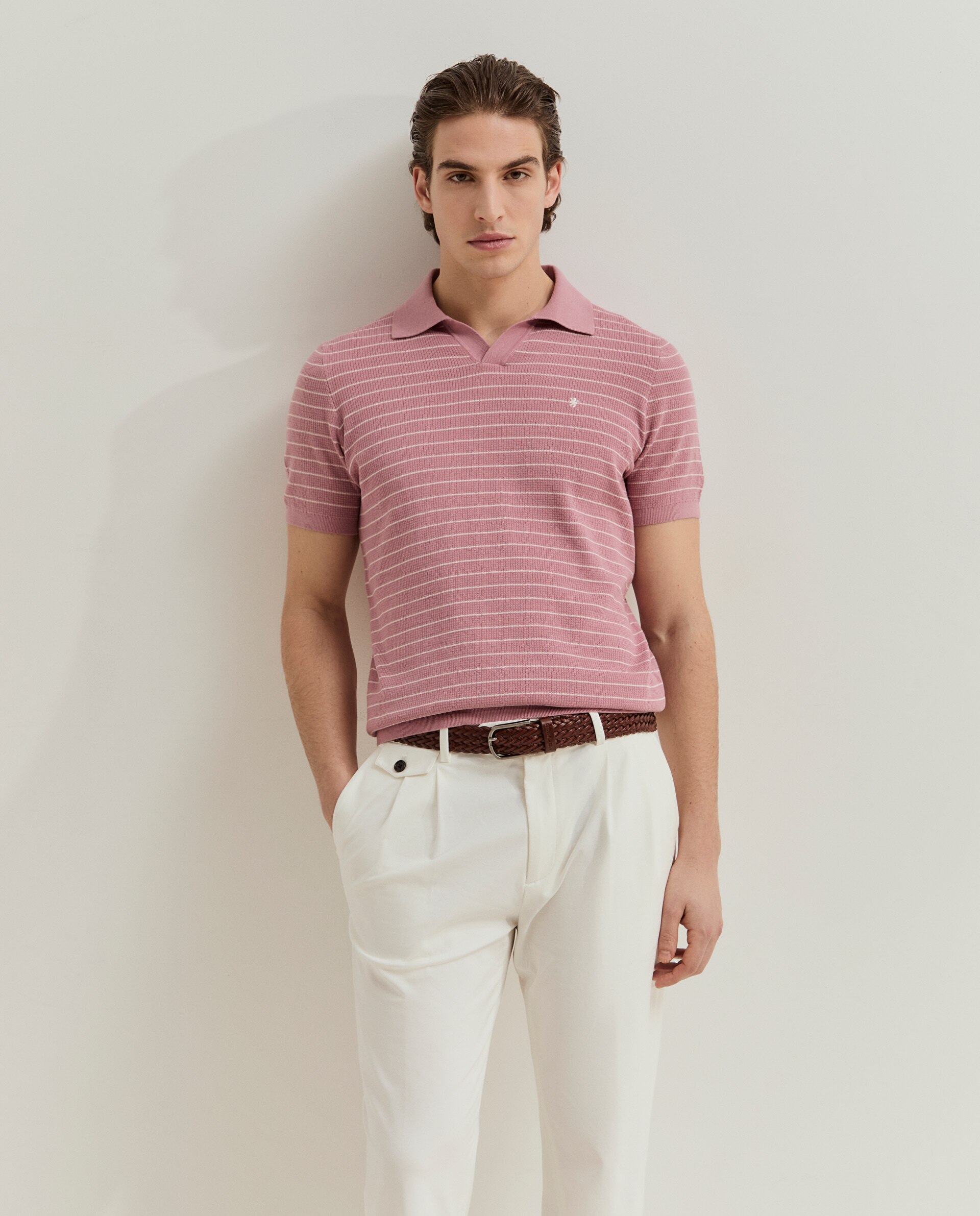 Polo às riscas em malha de algodão Rosa-2