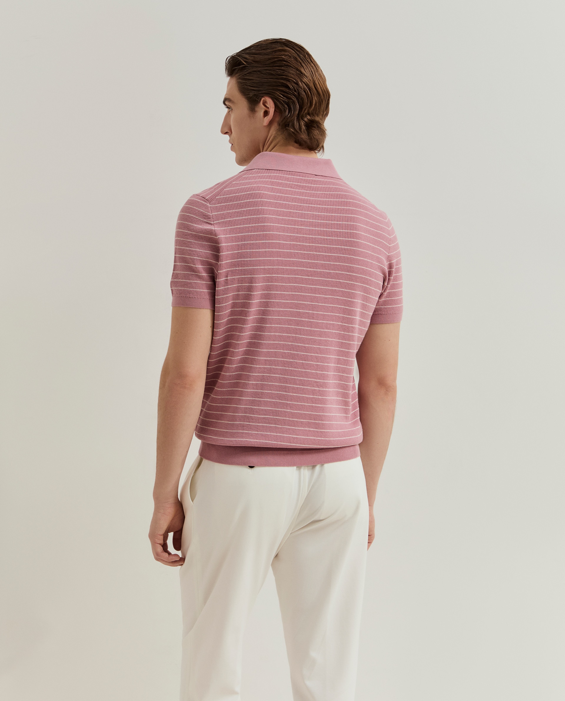 Polo às riscas em malha de algodão Rosa-3