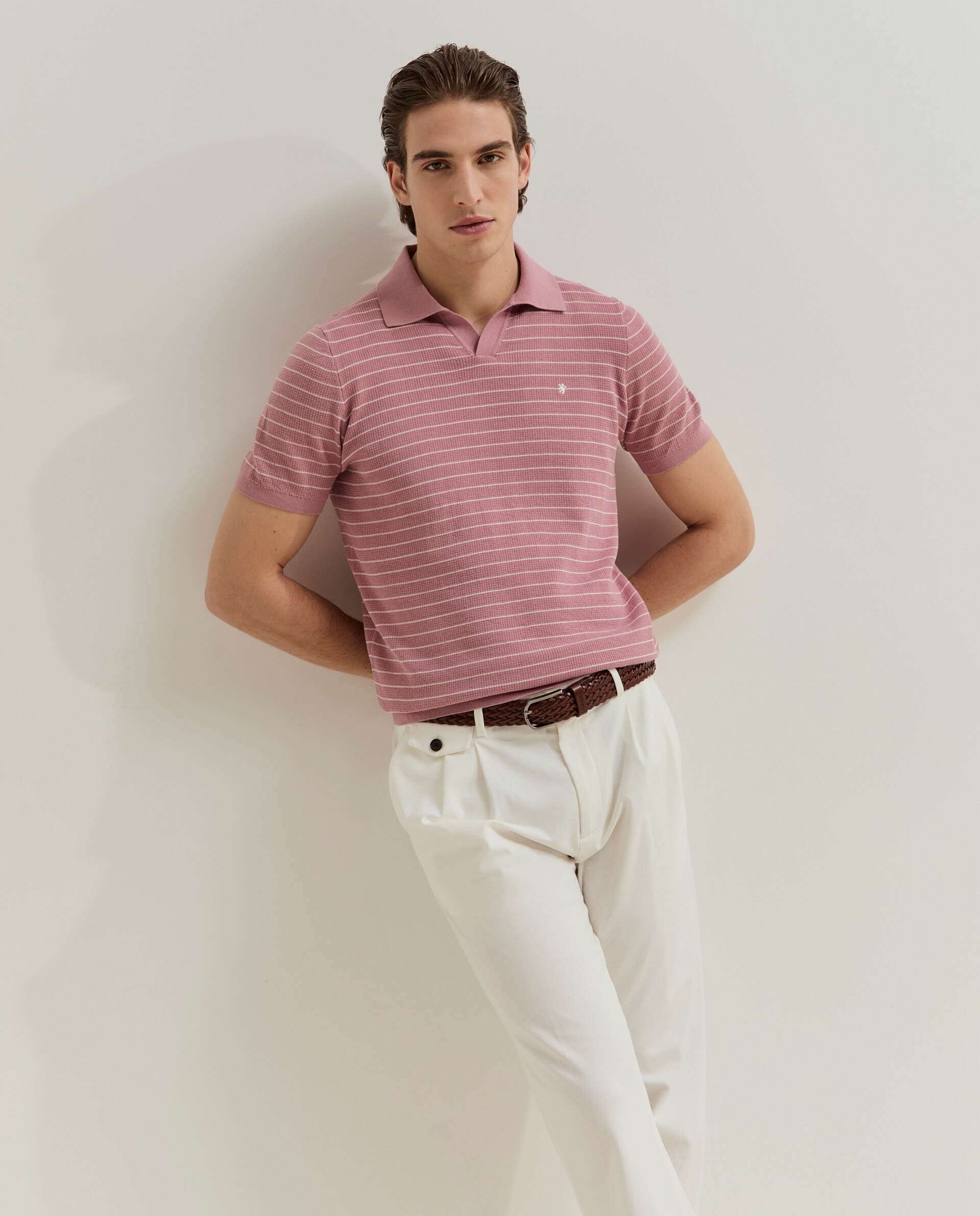 Polo às riscas em malha de algodão Rosa-4