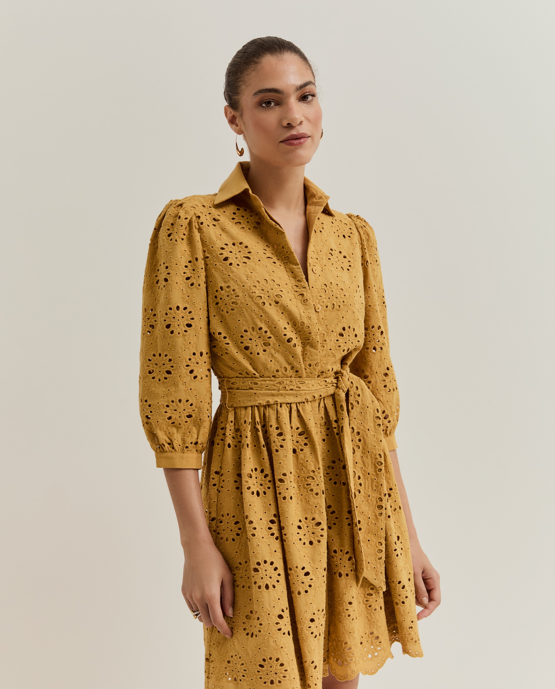 Vestido de Algodão de Manga Comprida Amarelo-2